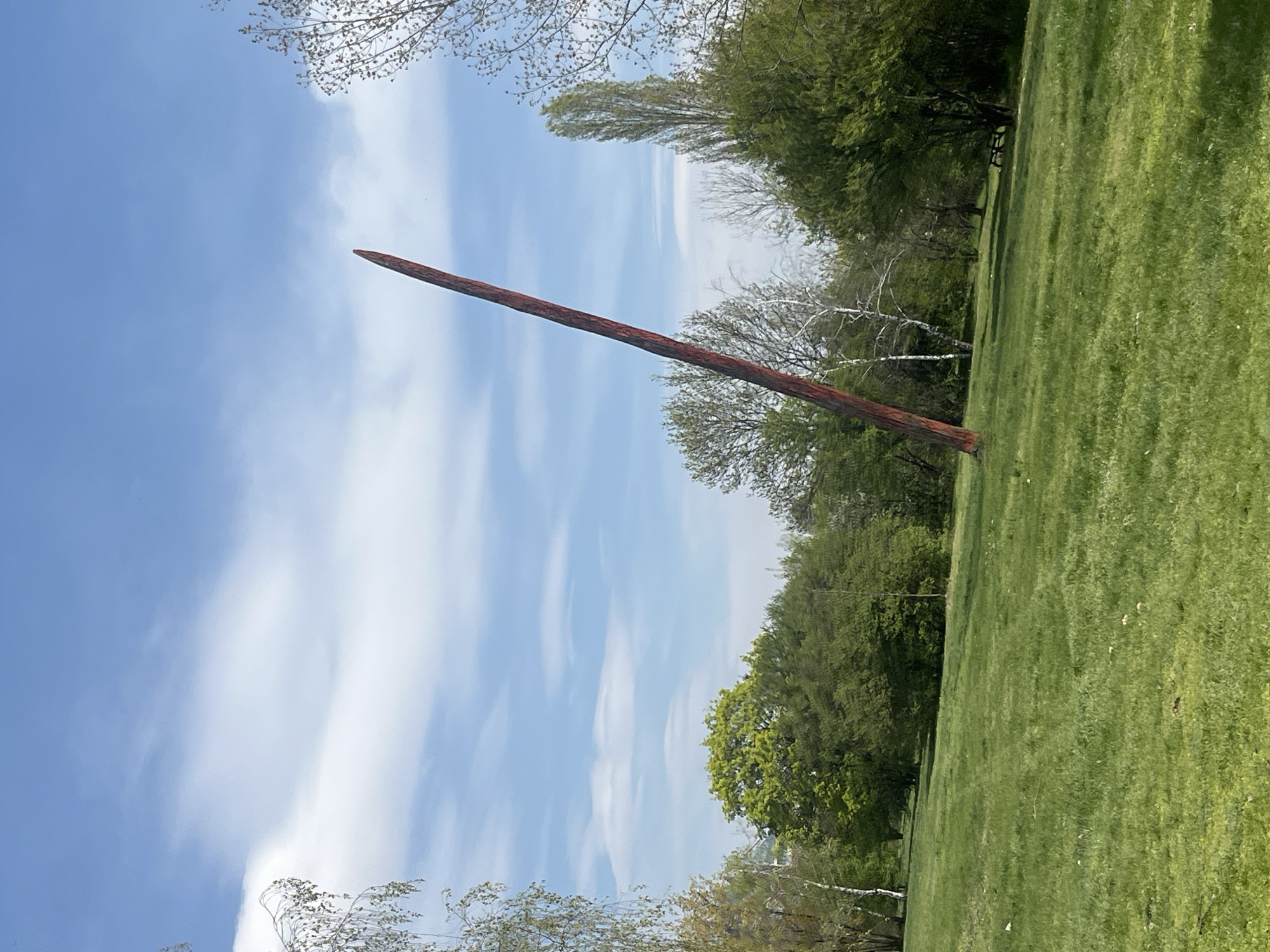 The media file displays an outdoor scene featuring a prominent, slender, reddish-brown sculpture set within a verdant landscape. The sculpture, resembling a tall, tapered pole or obelisk, is angled diagonally across the frame, rising from the lower-left towards the upper-right. Its surface appears textured, suggesting it might be crafted from wood or a similar natural material.
The background is dominated by a clear, bright blue sky adorned with scattered, wispy white clouds that streak across the expanse. The foreground and midground consist of a large, well-maintained green lawn, indicative of a park or spacious garden environment. Various trees, some with dense green foliage and others with lighter, more sparse branches, frame the grassy area on the left and right sides of the image.
The scene is brightly lit by natural daylight, suggesting it is either morning or afternoon. There are no people visible, and no specific activities are taking place, creating a peaceful and open atmosphere. The environment appears serene and well-kept. No visible text can be identified in the image. This outdoor art installation is situated in Sofia, Bulgaria.