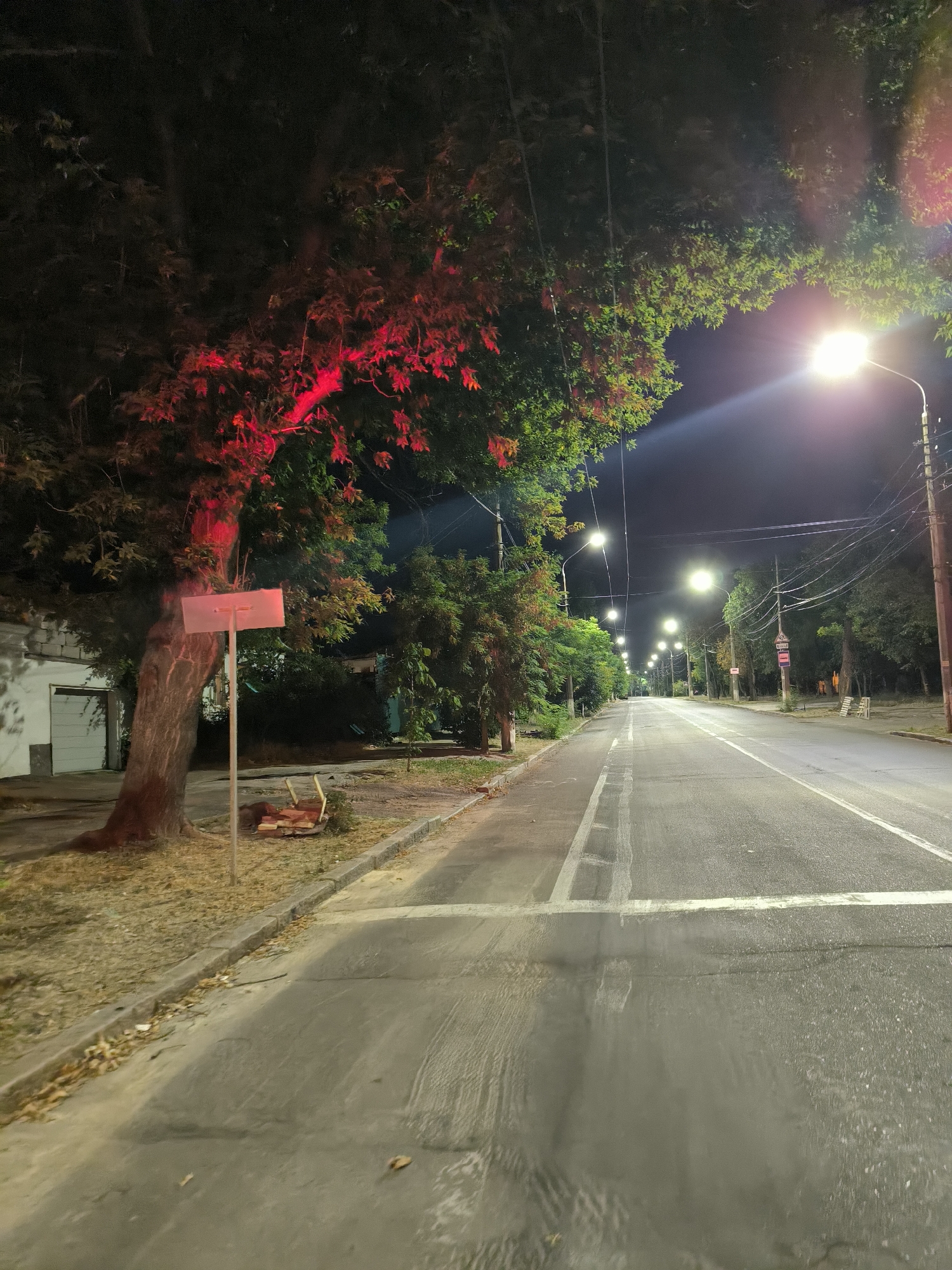 This image shows a street scene at night in Mykolaiv, Ukraine. A tree with red lighting on its foliage is prominent on the left side of the road. The road is empty and illuminated by streetlights. Sidewalks line the road, with some vegetation and a white building visible on the left. There are also power lines and utility poles throughout the scene. The overall atmosphere is calm and deserted.