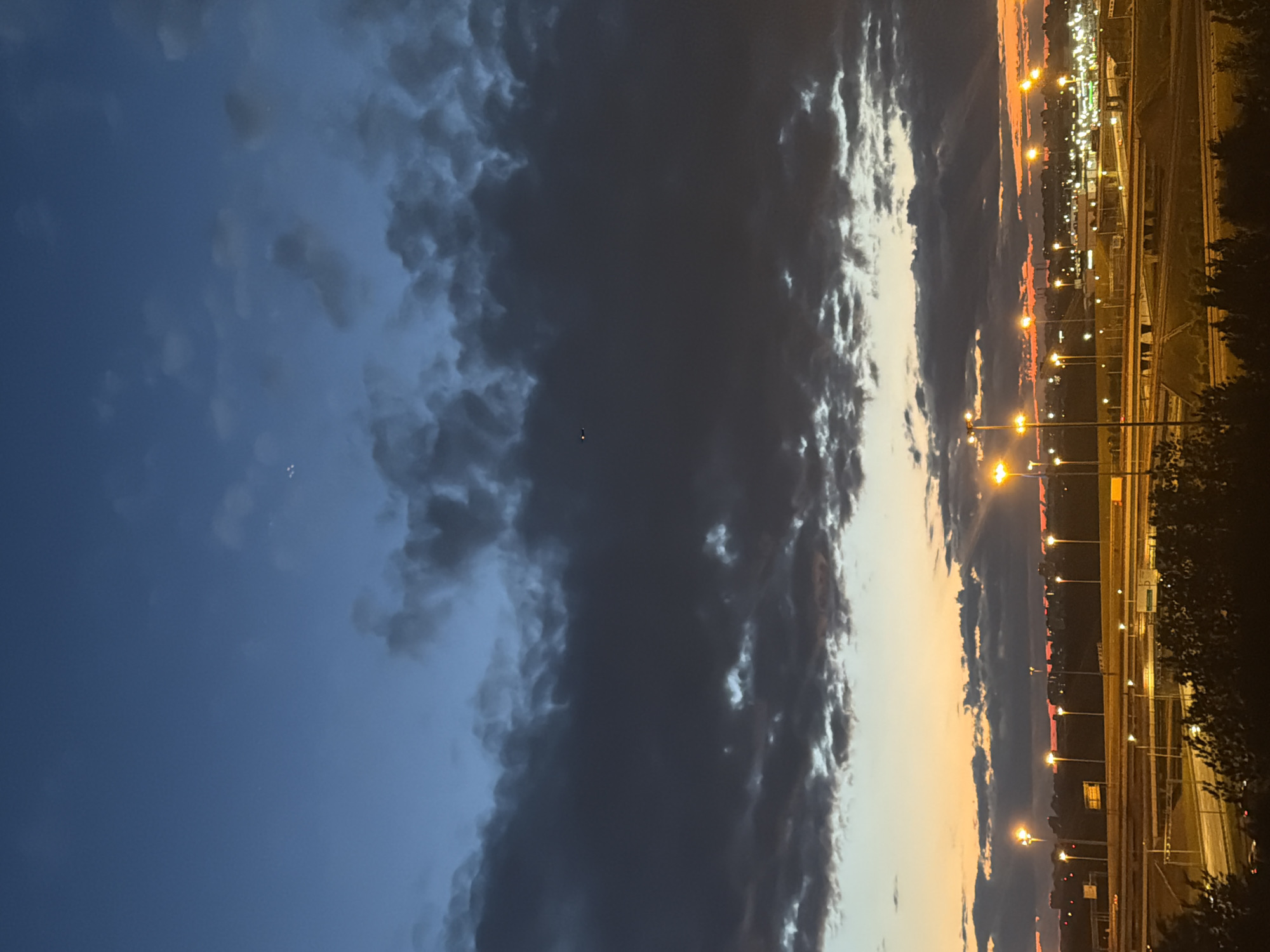 A wide-angle, vertical, low-light photograph captures a dramatic sunset over an urban landscape. The sky transitions from a deep, clear blue at the top to a vibrant orange and pink horizon. Dark, textured clouds are scattered across the sky, with some illuminated from below by the setting sun. In the distance, a city skyline is visible, punctuated by numerous streetlights casting a warm glow. The foreground features an elevated highway system with multiple lanes and overpasses, illuminated by streetlights. Dark trees and foliage are present at the bottom edge of the frame, obscuring the immediate ground. A small airplane is visible in the mid-ground of the sky. The overall impression is of a serene yet active urban environment at dusk.