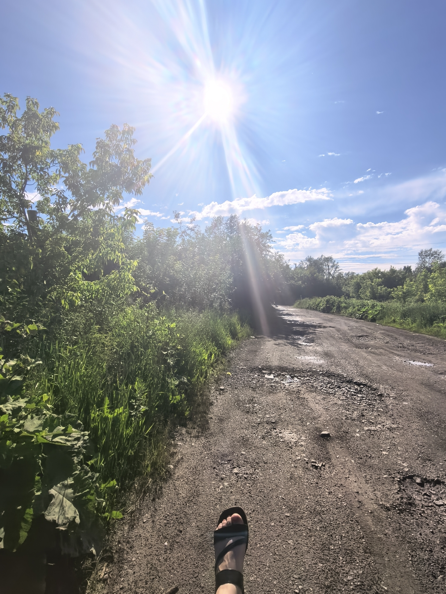 A low-angle, full shot captures a person's foot in a black sandal, positioned on a rough, unpaved road. The road is riddled with potholes and small puddles, suggesting recent rain or damp conditions. Lush green vegetation lines the left side of the road, with tall grass and broad leaves visible, some of which are in shadow. In the distance, trees form a dense treeline, and above them, a bright sun shines intensely, casting a strong lens flare and radiating bright rays across the sky. The sky itself is a vibrant blue, dotted with a few wispy white clouds. The overall atmosphere suggests a warm, sunny day in a rural or undeveloped area. The presence of the sun and the clear sky indicate daytime, likely mid-morning or early afternoon, given the brightness and the angle of the sun's rays. There is no visible text in the image.