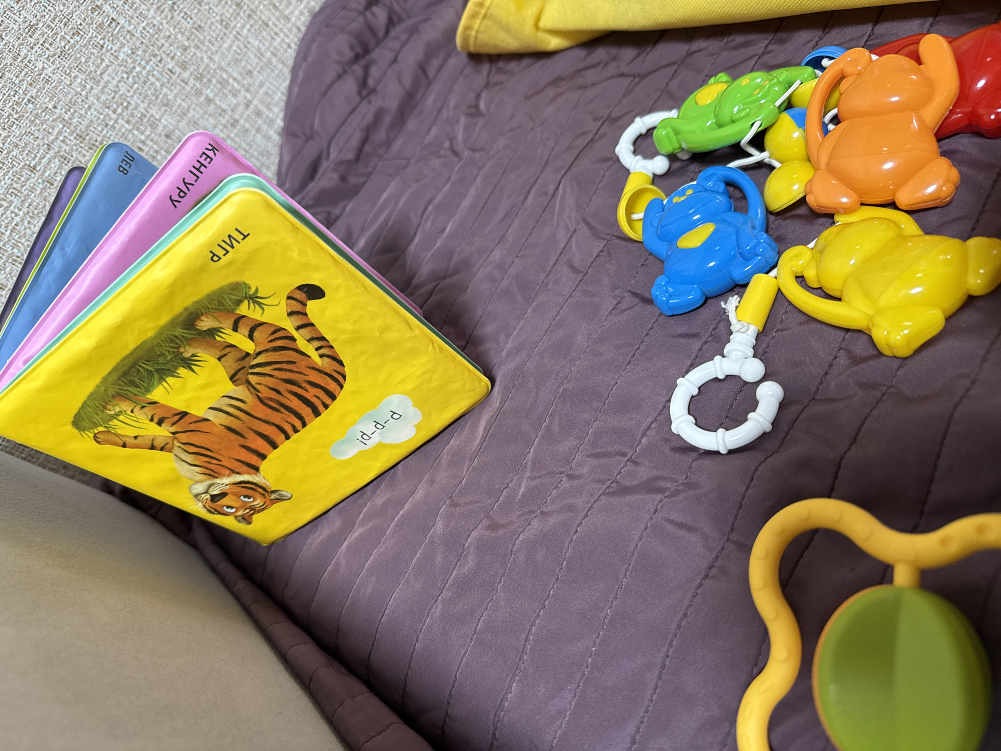 The image shows a stack of baby books on a purple quilted surface, next to a collection of colorful plastic baby toys. The book on top has a yellow cover with a cartoon tiger. The toys are various shapes and colors, including green, blue, orange, and yellow, and are linked together with white rings. The location appears to be indoors, potentially a home or childcare setting.