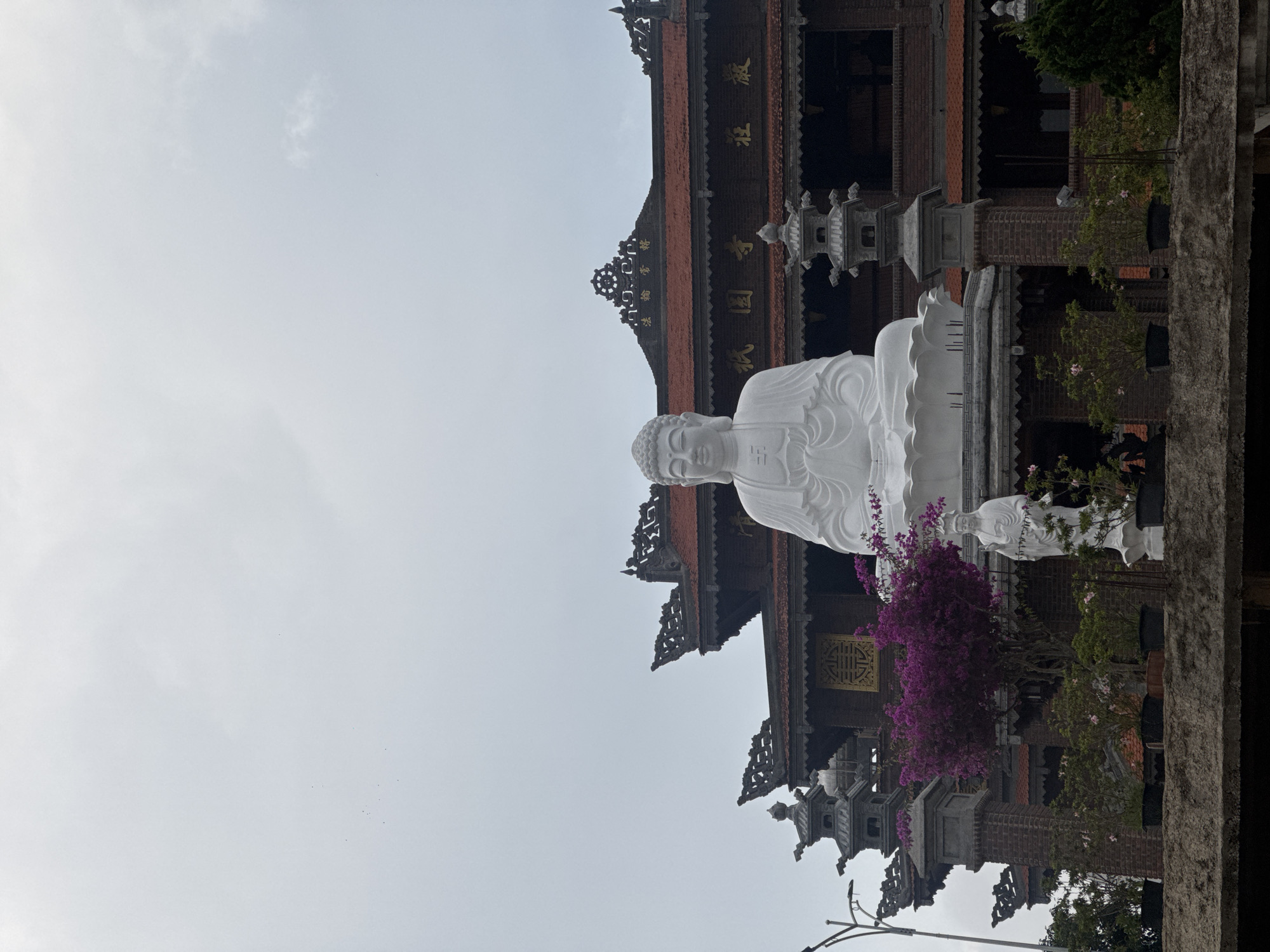 The photograph features a large, white Buddha statue prominently positioned in front of a temple-like structure. The statue is seated in a meditative pose, with intricate details visible on its robes and facial features. The temple behind it showcases a traditional Asian architectural style with multiple tiers of roofs adorned with ornate carvings. There are also what appears to be stone lantern posts. A vibrant purple bougainvillea bush adds a touch of color to the scene. The photograph was taken at the Linh Phuoc Pagoda in Da Lat, Vietnam. The sky is overcast.