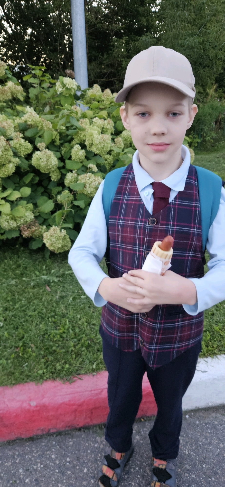 The image shows a young boy, likely of Caucasian descent, standing outdoors. He is wearing a light blue collared shirt, a maroon and navy plaid vest, a dark tie, dark pants, a beige baseball cap, and dark sandals. He is holding a hot dog in a bun with both hands in front of him. A turquoise backpack is visible on his shoulders.
The boy is positioned in front of a large bush with light green, spherical flower clusters and green leaves. Behind the bush, there are more green trees and a light-colored pole, possibly a lamppost or utility pole. The ground in front of the bush is covered with green grass, and a red-painted curb is visible in the foreground, separating the grass from a grey asphalt surface.
The scene appears to be a residential or park area. Without additional information or visual cues, it is not possible to definitively determine the specific location within the city of Vitsebsk, Belarus. However, the presence of manicured greenery, a paved area, and what appears to be a well-maintained curb suggests an urban or suburban outdoor setting common in many cities. The lighting and overall atmosphere suggest it is daytime, possibly late afternoon.