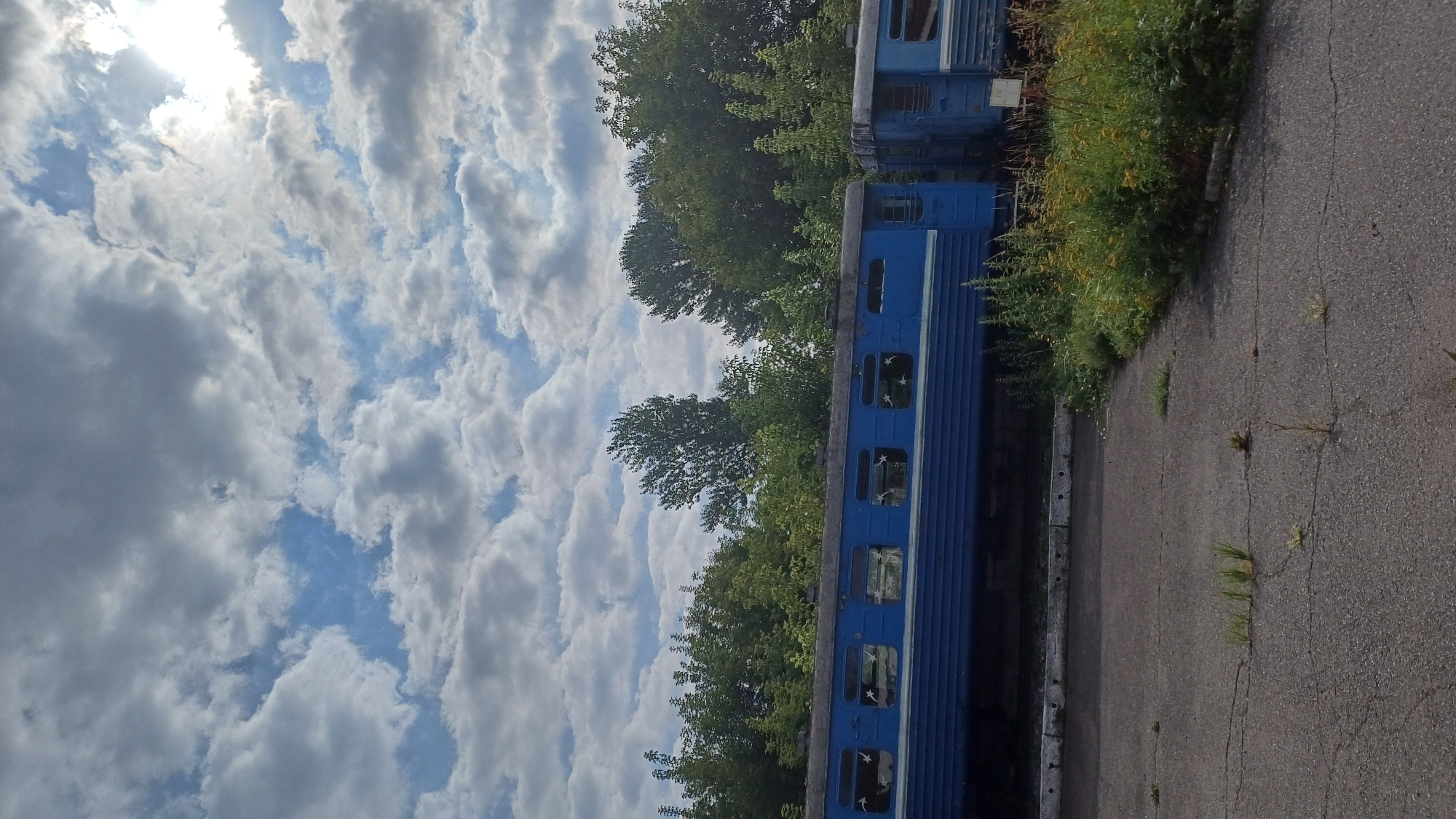 The image shows a bright, partly cloudy sky with the sun partially visible in the upper right corner. Below the sky are dense green trees, with some taller trees in the background. In the foreground, there are two weathered blue train cars parked on a track. The train cars have multiple windows, some of which appear to have star-shaped reflections or decorations. The ground in front of the train cars is an asphalt surface with cracks and patches of grass growing through it. There is also a strip of wild vegetation with yellow flowers and green plants to the right of the train cars. The scene appears to be in an outdoor, likely abandoned or disused, area. This location is identified as the former Izhevsk Carriage Works site, now known as the "Izhevsk Carriage Repair Plant," located in Izhevsk, Russia.
