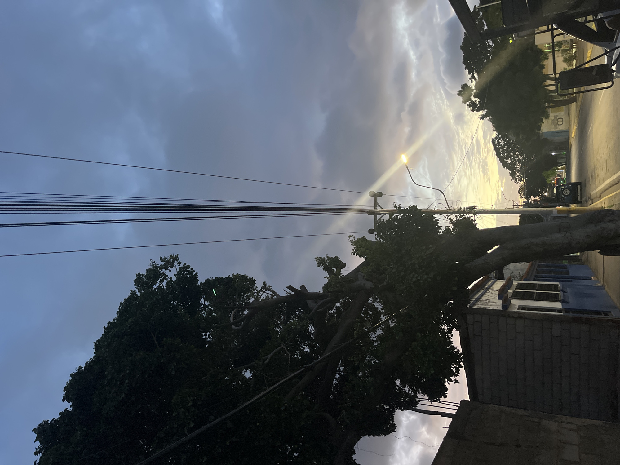 This image captures a street scene in Juan Griego, Venezuela, at dusk. The sky is filled with dramatic, moody clouds, illuminated by the warm glow of a setting sun peeking through. A large, leafy tree with thick branches dominates the left side of the frame, its dark foliage contrasting with the lighter sky. Overhead, a dense network of power lines stretches across the scene, some taut and straight, others appearing to sag slightly.
To the left of the tree, a low-rise building with a dark brick facade and blue trim is visible. The building has several windows with closed shutters. Adjacent to this structure is a rough, concrete wall. The street itself appears to be paved, with a single vehicle, a dark SUV, parked on the side of the road in the distance. Further down the street, more trees line the roadway, and the light from a streetlamp casts a bright beam across the scene. The foreground includes the front of a dark-colored vehicle, possibly a utility truck, with part of its structure visible on the right. The overall atmosphere is one of twilight transitioning into night, with a sense of urban tranquility.