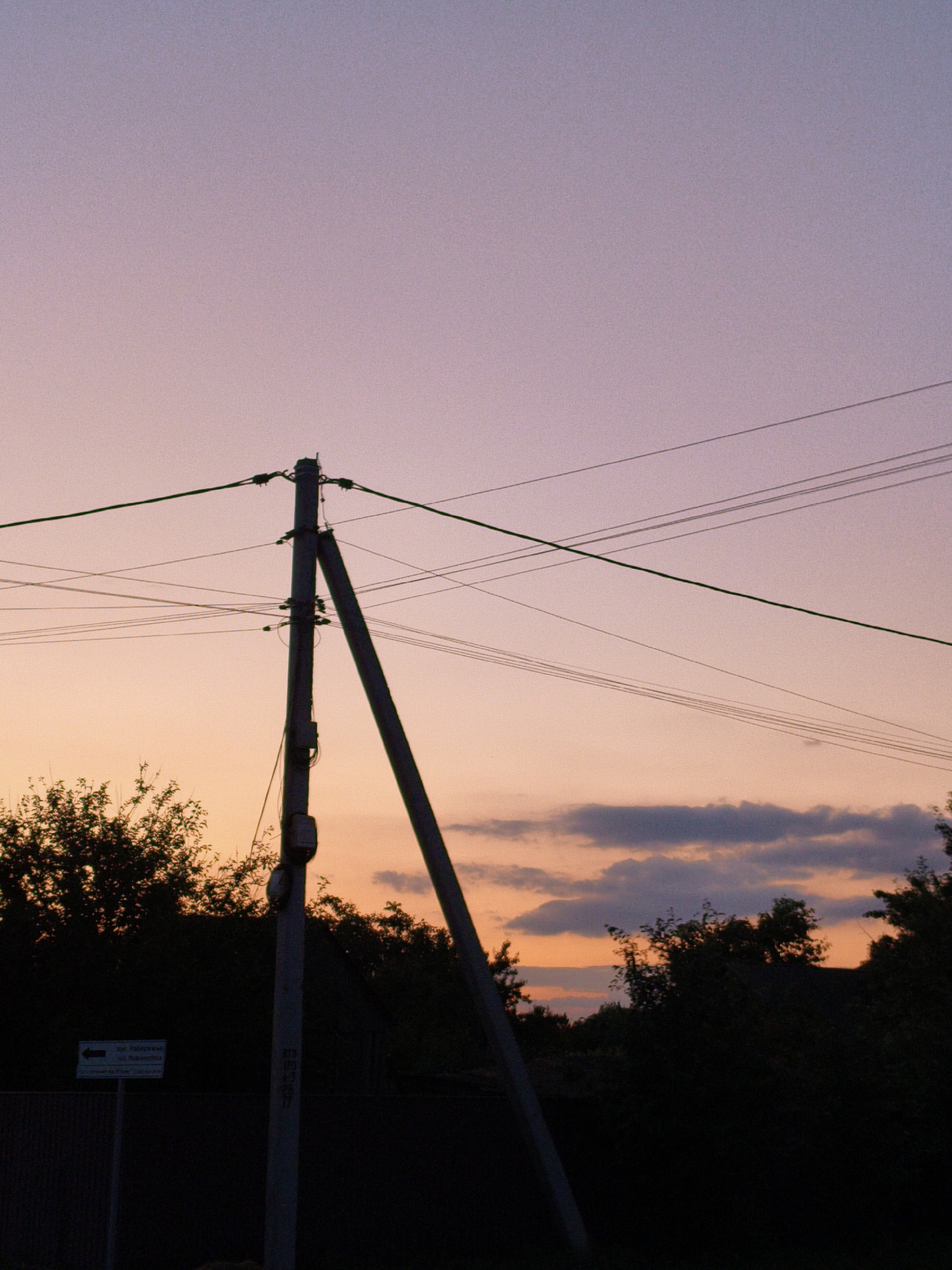 This is a vertical, full-shot photograph taken at dusk in Ustyvytsia, Ukraine. The sky displays a gradient of pastel colors, transitioning from pale pink at the bottom to a soft lavender at the top, with a few scattered gray clouds visible near the horizon. In the foreground, a silhouetted utility pole stands prominently, angled to the right, with several power lines extending horizontally across the frame. The base of the pole is partially obscured by dark silhouettes of trees and foliage. A white directional sign with black text and an arrow pointing left is mounted on a fence post to the left of the utility pole. The overall scene is dominated by the twilight sky and the stark silhouette of the utility pole and surrounding vegetation.