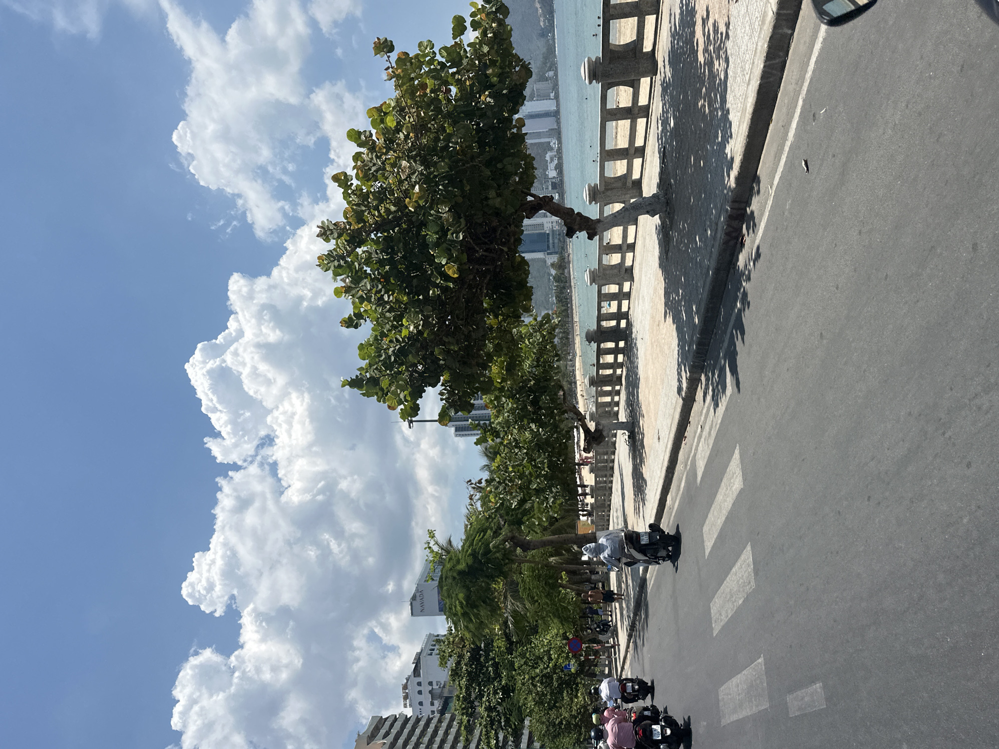 The image shows a street scene in Nha Trang, Vietnam. The sky is partly cloudy with large cumulus clouds. A row of trees lines the sidewalk next to the beach. The street is asphalt and has a zebra crossing. Several parked scooters are visible on the street. In the distance, buildings line the coast. The ocean is visible beyond the buildings.