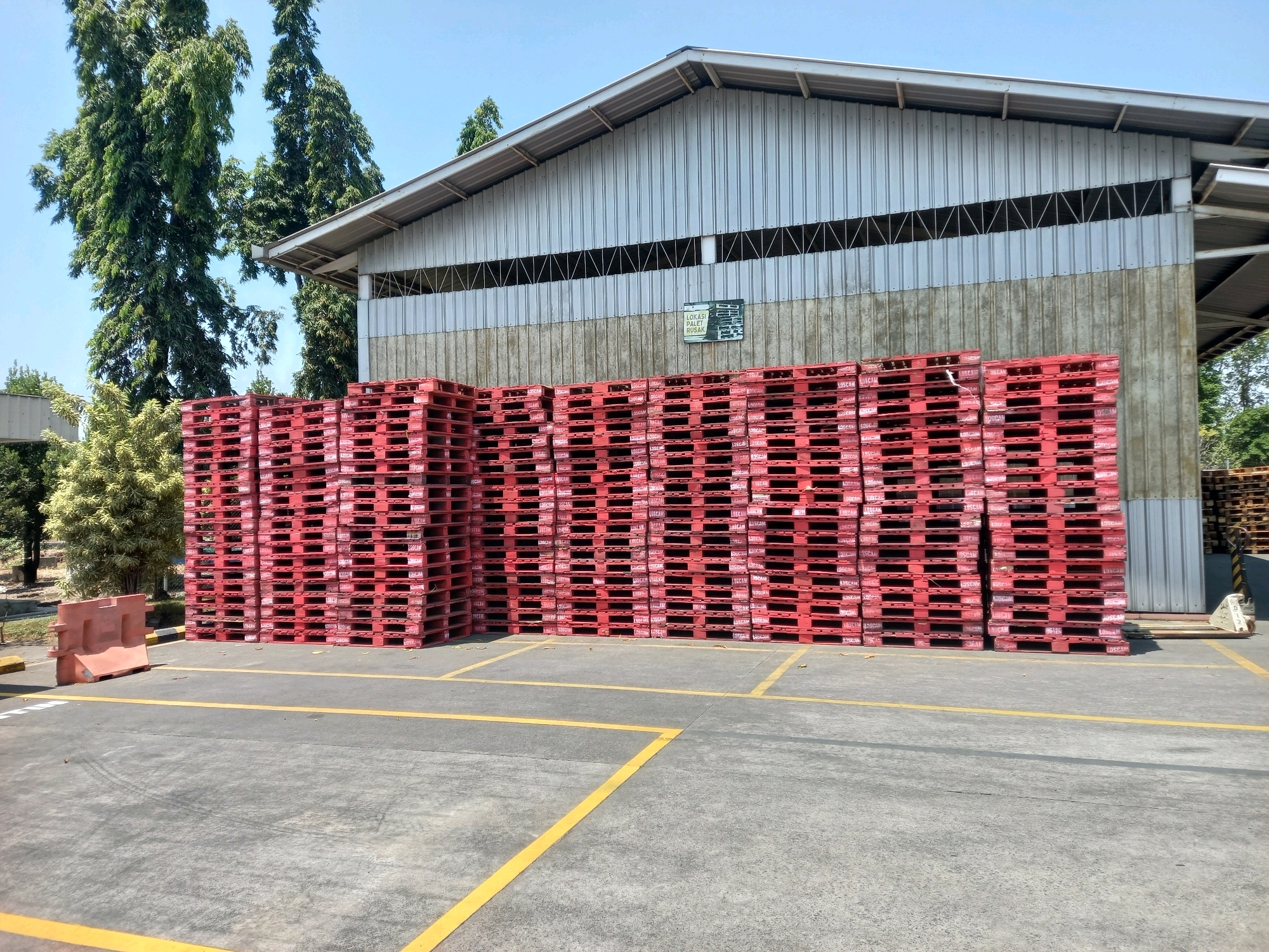 The image depicts an outdoor storage area for stacked red plastic pallets in front of a large industrial building. The building features a corrugated metal exterior and a concrete lower section. Tall green trees and a smaller leafy tree are visible to the left of the building. The ground is paved with asphalt and marked with yellow lines, suggesting a parking lot or loading zone. A single orange traffic barrier is present on the left side of the foreground. The sky is clear and blue. There are no people visible in the image. The presence of the industrial building and the pallets suggest a logistics or manufacturing facility. While specific details about Gempol, Indonesia, cannot be inferred solely from this image, the scene is consistent with an industrial area within the region.