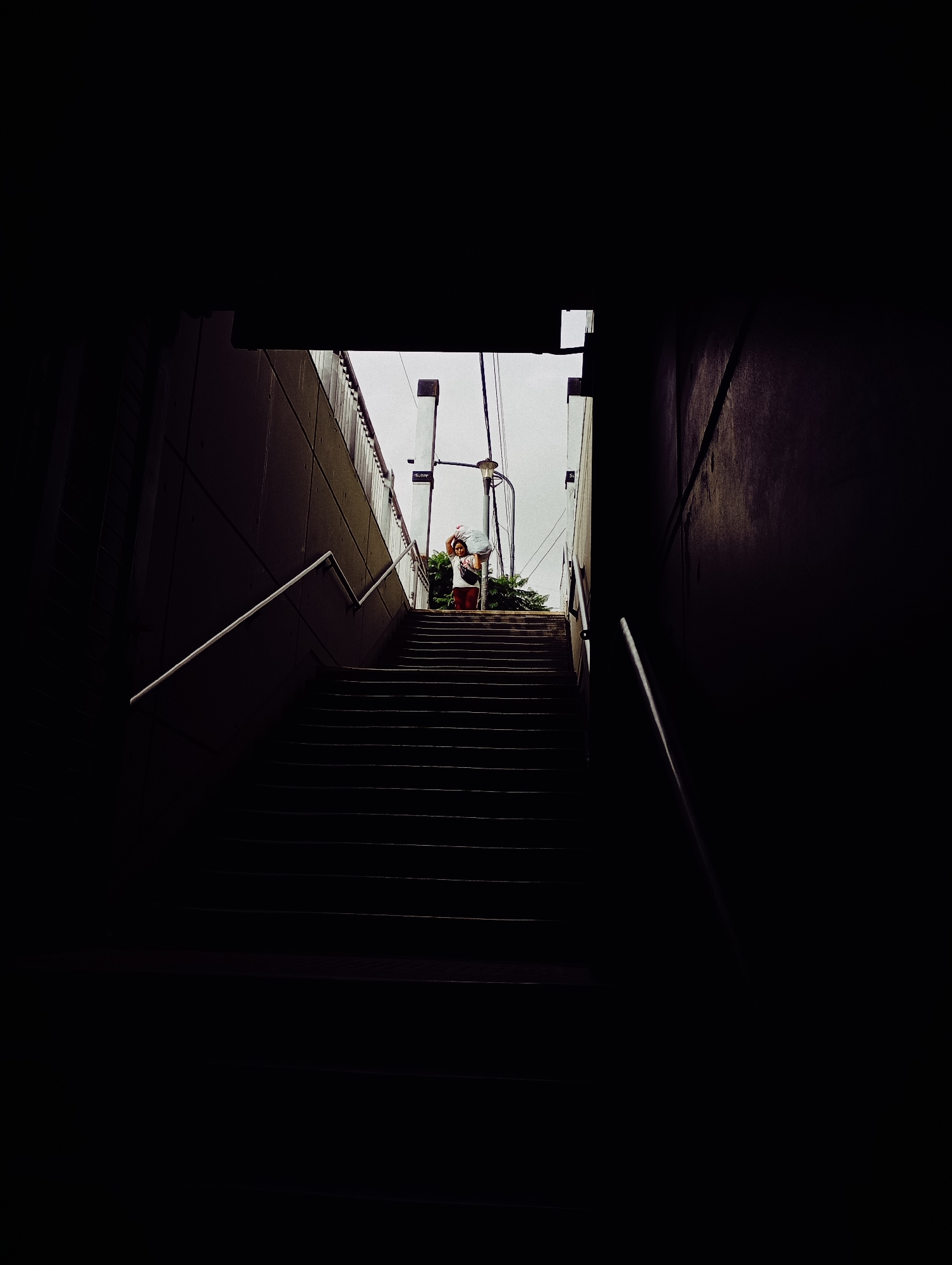 The image portrays a dramatic architectural scene, capturing a solitary figure ascending a dark, enclosed stairwell towards a brightly lit exit. The perspective is from within the shadowy depths of the underpass or tunnel, looking upwards.
The stairwell is composed of dark, possibly concrete, walls that recede into deep shadow, creating a strong sense of depth and enclosure. Light-colored handrails, one with a distinctive zig-zag design on the left, guide the eye upwards along the dark steps.
At the top of the stairs, bathed in diffuse daylight, a person is visible, seemingly emerging from the passage. They appear to be a woman, wearing an orange or red top and carrying a large, light-colored bag or bundle over her shoulder. Her face is partially visible, and she seems to be looking forward or slightly down. Adjacent to her, some green vegetation can be seen, adding a touch of nature to the urban concrete environment.
Above the exit, against a bright, possibly overcast sky, several utility poles or streetlights are visible. On one of these poles, a white sign with the text "Sucre" is clearly discernible, indicating a street name in Buenos Aires, Argentina.
The time of day is daytime, evidenced by the bright light at the top of the stairwell, though the deep shadows within create a stark contrast. The image conveys a sense of transition, a journey from darkness into light, with the individual figure as the focal point of this movement.