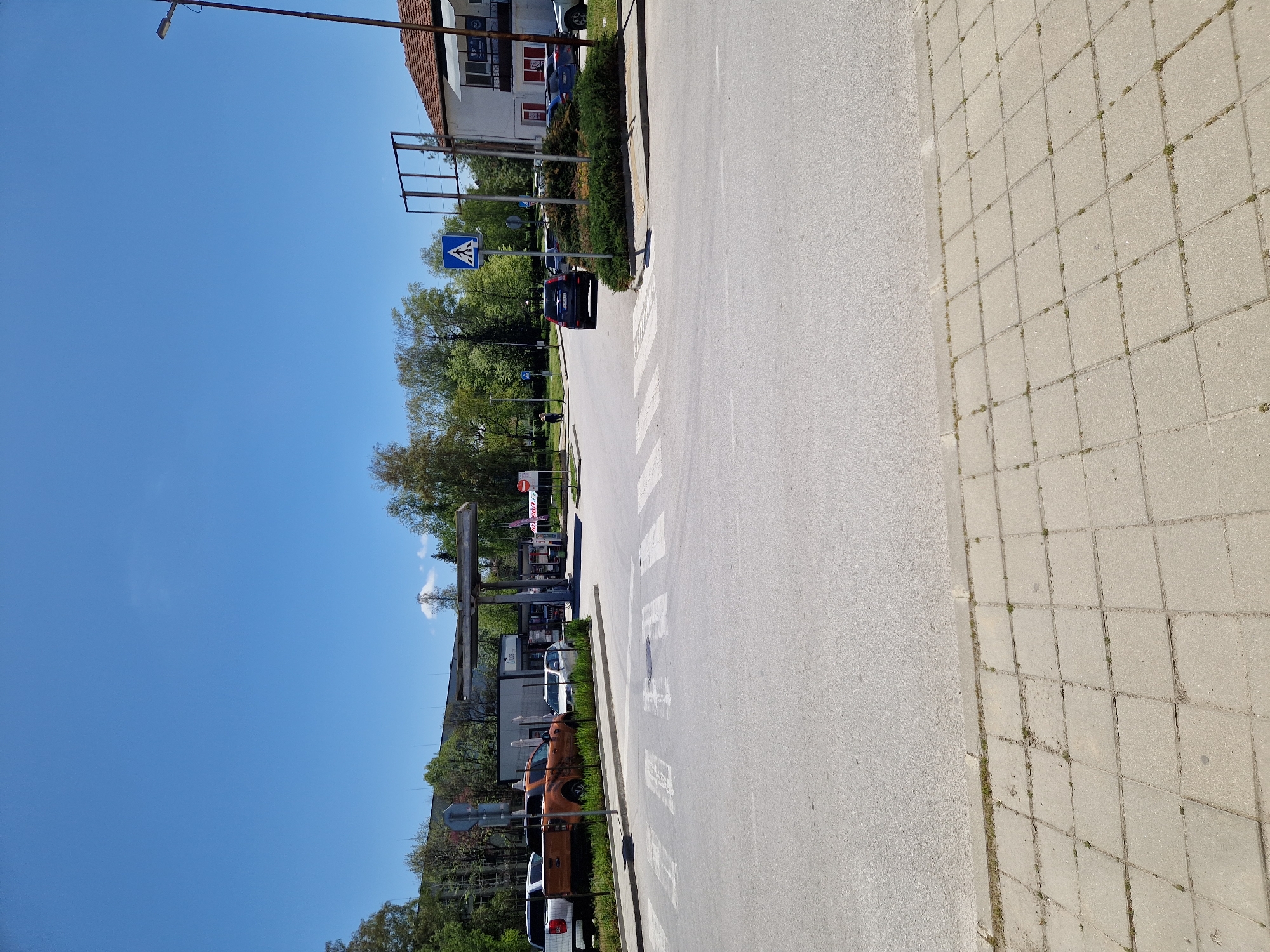 The image depicts a street scene in Panagyurishte, Bulgaria. The view is of a paved street with a pedestrian crossing marked by white stripes. To the left of the street are trees, a building, and parked cars, including an orange pickup truck. A pedestrian crossing sign is visible. The sky is clear and blue. The right side of the image shows a sidewalk composed of concrete pavers.