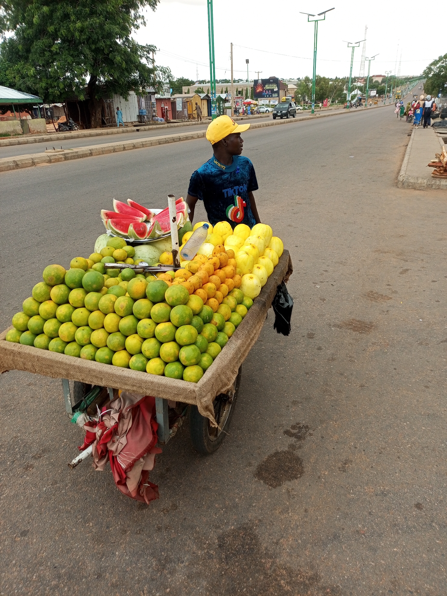 In Tempure, Nigeria, on a paved road, a young person wearing a blue t-shirt with a TikTok logo and a yellow cap stands next to a fruit cart. The cart is laden with a variety of fruits, including sliced watermelons, what appear to be oranges, and yellow fruits that could be lemons or mangoes. The cart is covered with a burlap-like material. In the background, there are shops, trees, streetlights, and vehicles on the road, suggesting a busy urban environment. Several people can be seen walking along the sidewalk and driving on the road, indicating daily life in the city.