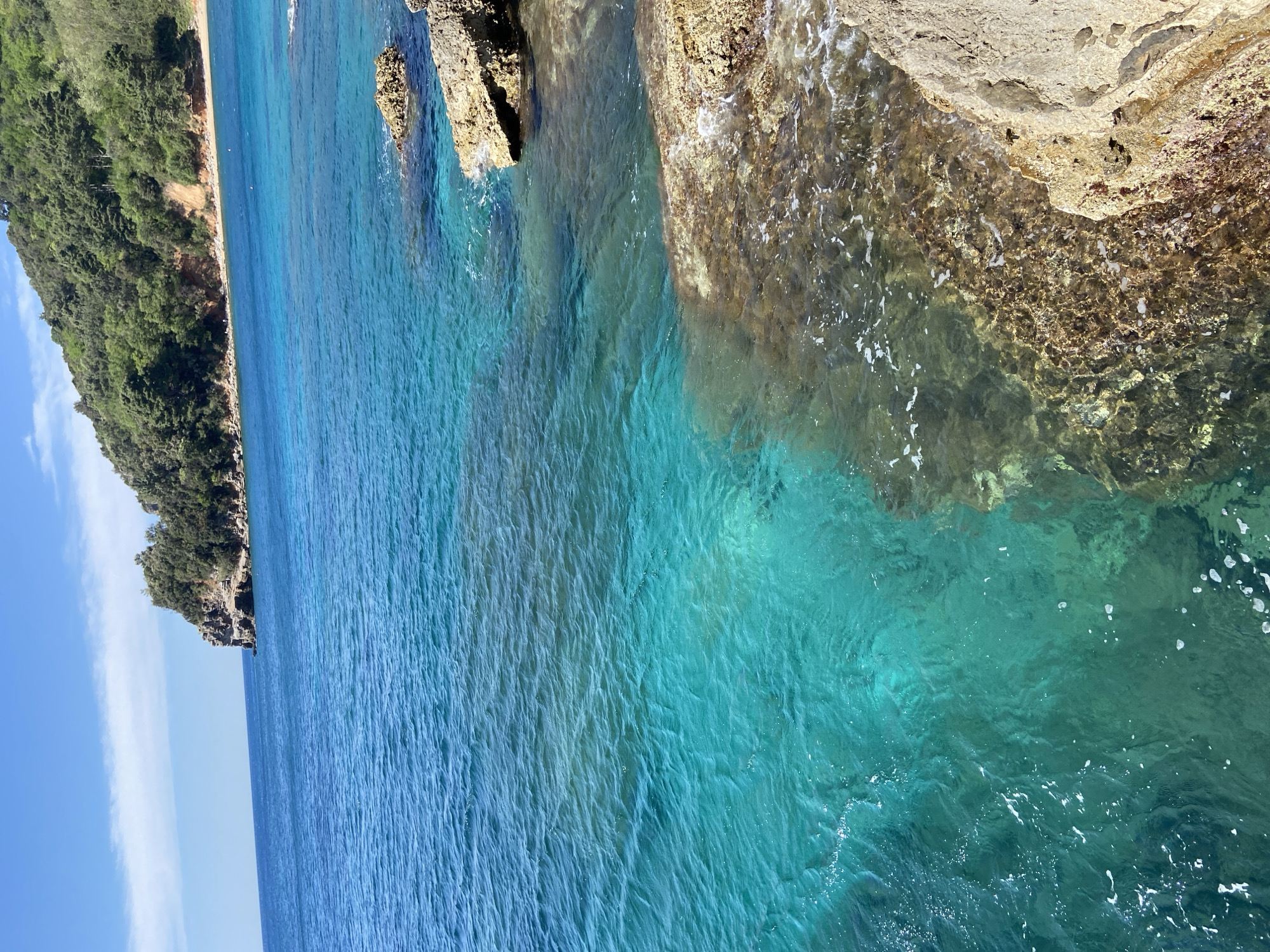 This image presents a serene coastal landscape in Budva, Montenegro, captured on a clear, sunny day. The scene is dominated by the vibrant turquoise and blue hues of the sea, which stretches across the majority of the frame. The water is remarkably transparent, revealing the rocky seabed and submerged formations, especially near the shore. Sun glints off the water's surface, creating dynamic patterns of light and shadow, and highlighting the different depths and clarity of the water.
On the left side of the image, a lush green coastline rises, covered densely with trees and vegetation, suggesting a forested hill or cliff meeting the sea. The shoreline here appears rugged, with patches of exposed earth and rock. To the right, jagged, textured rocks with various shades of brown and tan meet the water's edge. These rocks show signs of erosion and exposure to the elements, with some parts appearing wet where the gentle waves lap against them, creating small areas of white foam.
The horizon line is visible in the distance, where the deep blue sea meets a clear, bright blue sky adorned with a few delicate, wispy white clouds. The time of day appears to be late morning or early afternoon, indicated by the strong, direct sunlight illuminating the scene. There are no people, boats, or man-made structures visible, emphasizing the natural and untouched beauty of the location. The overall impression is one of tranquility and unspoiled natural splendor. No text is visible in the media file.