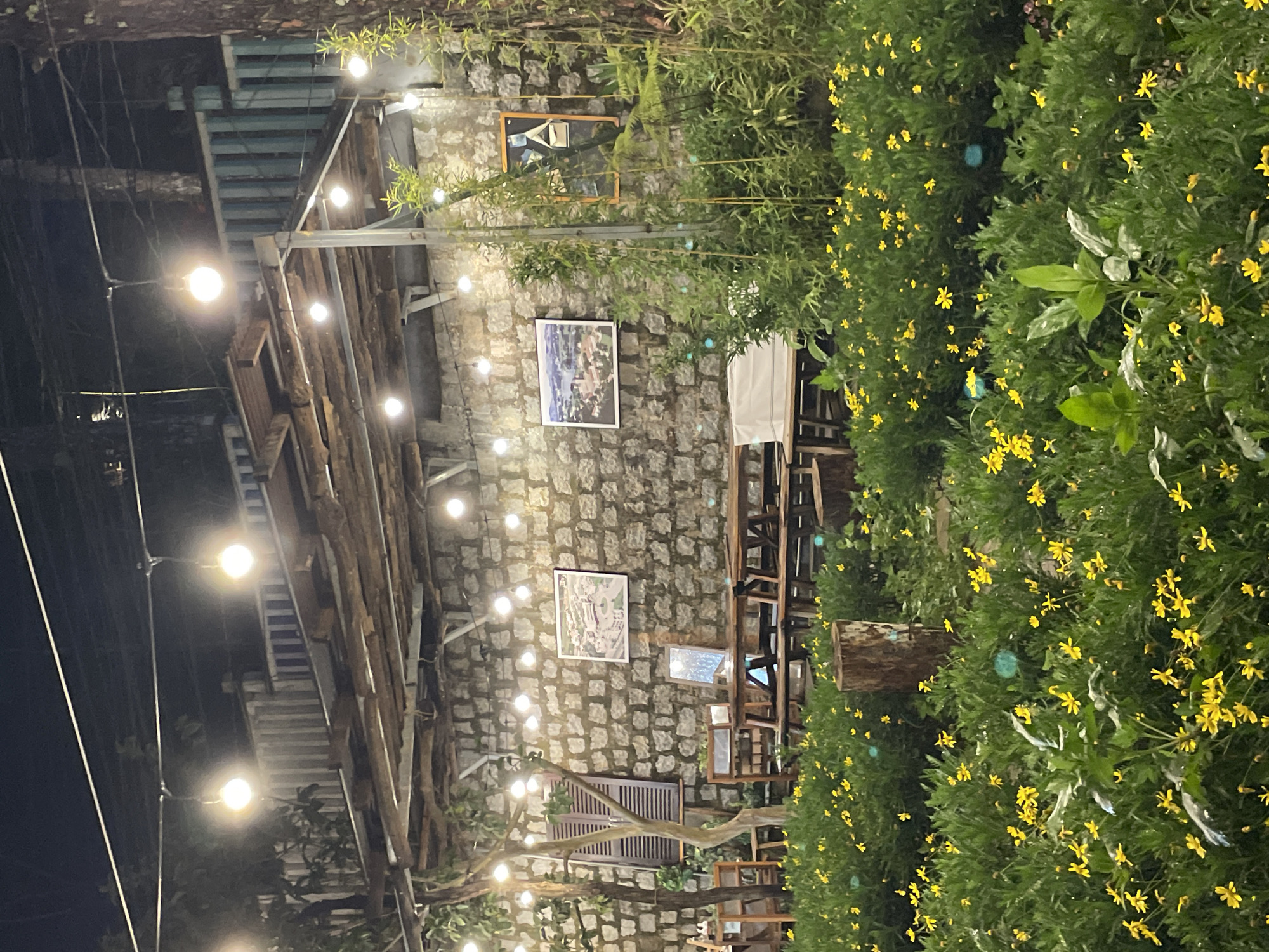 The image depicts an outdoor seating area at a cafe in Da Lat, Vietnam, at night. A stone wall serves as the backdrop for wooden tables and benches. String lights are hung overhead, illuminating the scene. The foreground is filled with numerous small yellow flowers and lush green foliage, with a tree stump visible in the middle ground. Two framed pictures hang on the stone wall, one on the left and another on the right. A wooden shutter is attached to the wall on the left side. The overall atmosphere suggests a cozy and inviting evening setting.