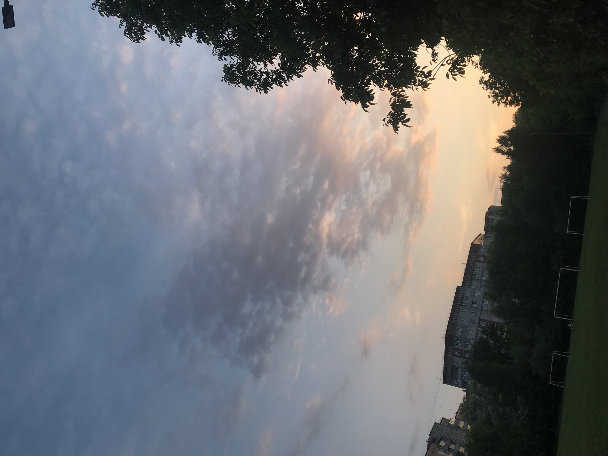 The image, taken in Ternopil, Ukraine, captures a twilight scene over a residential area with a sports field. The sky dominates the upper portion, displaying a gradient from a darker blue-grey on the left to a warm, golden-orange hue on the right, indicative of either sunset or sunrise. Scattered clouds are visible, illuminated from below by the low sun, creating patches of light and shadow across the expanse.
Dark silhouettes of tree branches frame the top edge of the image, suggesting an overhead canopy. Further down, in the mid-ground, several multi-story residential buildings are partially visible through and behind the trees. A prominent apartment block, characterized by numerous windows and balconies, stands on the left side of the frame, hinting at a typical urban or suburban setting.
To the right, a grassy field is visible, where two white, rectangular soccer goal frames are clearly discernible, suggesting a community sports ground or schoolyard. No people or specific activities are taking place, but the presence of the goals implies the area is used for sports.
The overall lighting is soft and ambient, creating a serene and quiet atmosphere. There is no visible text in the image.