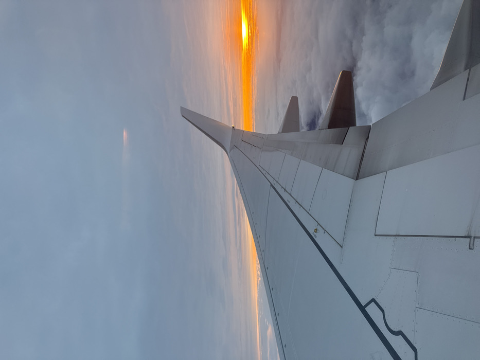 The image depicts an aerial view of an aircraft's right wing during sunset, observed from a passenger window. The scene is located over Trofa, Portugal. The prominent white-grey wing occupies the lower left to center of the frame, extending towards the upper right. Visible structural elements include panel lines, rivets, and dark linear markings on the wing's surface, indicating control surfaces or access points. A winglet is present at the wing's tip, pointing upwards. Below the wing, two engine nacelles are partially visible. Below the aircraft, a dense layer of white and grey stratocumulus clouds extends to the horizon. The sun is visible as a bright orange orb on the right side of the frame, partially obscured by the cloud layer, casting a vibrant orange and yellow glow across the horizon and illuminating the underside of the clouds. The upper sky is mostly clear, displaying light blue and grey hues with scattered clouds, some with a subtle pinkish-orange tint reflecting the distant sunset. No people or specific ground features are discernible. The action depicted is an aircraft in flight above cloud cover during a sunset.