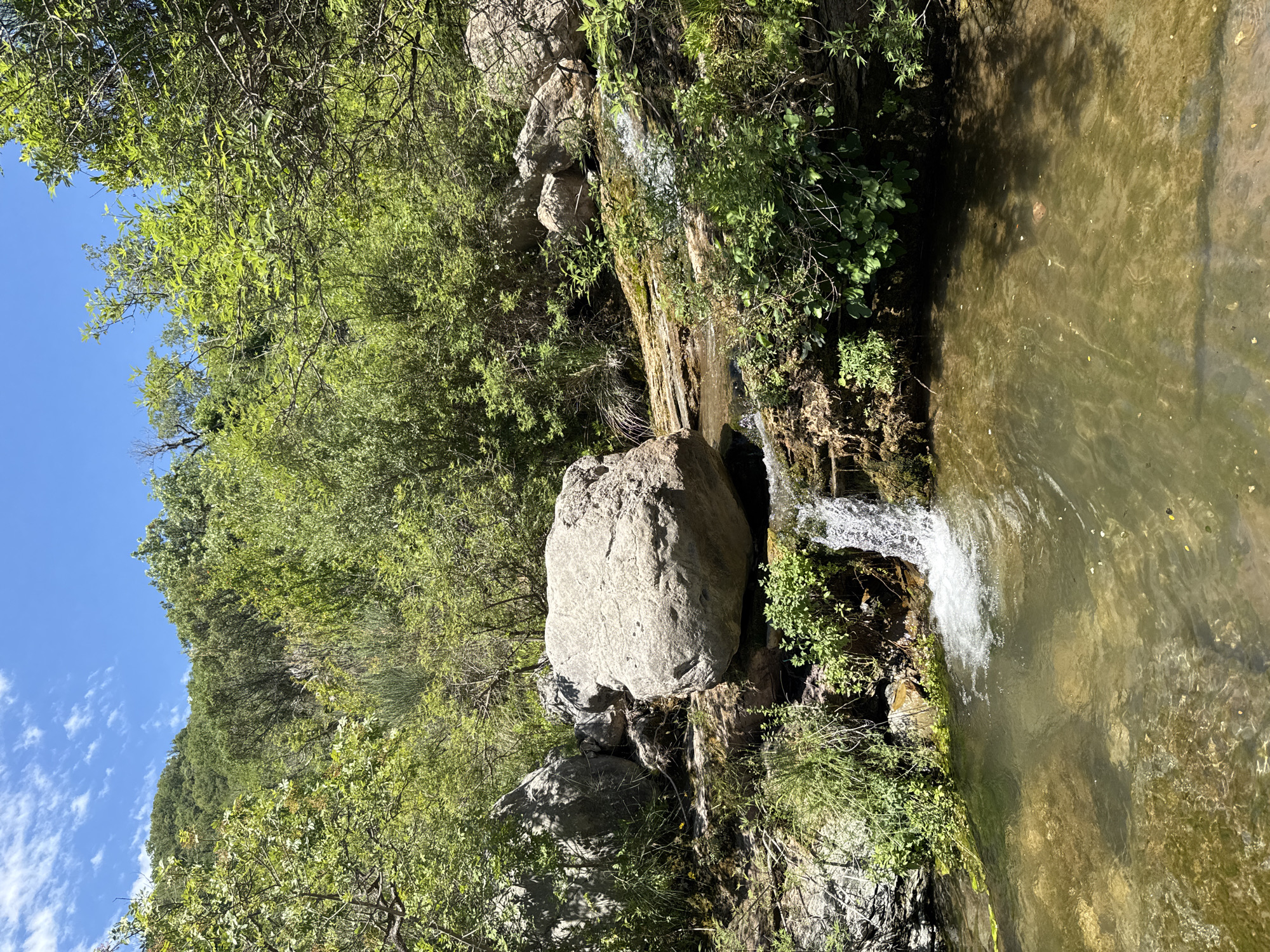The image depicts a natural scene in the city of Bečići, Montenegro. A small waterfall cascades over rocks into a shallow pool of water. Lush green vegetation, including trees and bushes, surrounds the water. Large rocks are scattered throughout the scene, some partially submerged in the water. The sky is blue with a few white clouds. There are no people or man-made structures visible in the image.