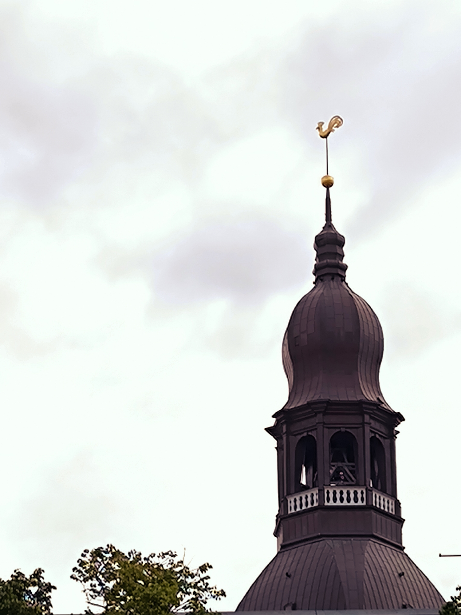 This is a close-up, low-angle, vertical shot of the spire of St. Peter's Church in Riga, Latvia. The sky is overcast and filled with pale grey clouds. At the very top of the dark brown, onion-domed spire, a golden rooster weather vane is perched on a thin rod, its tail feathers pointed to the left. Just below the weather vane, a small golden ball is visible. Further down the spire, there is an open, octagonal bell tower with arched windows and a white decorative railing. Through the arches, wooden beams supporting what appears to be a bell are visible. The lower part of the spire has a tiered, curved shape. In the bottom left corner, the tops of green trees are visible, with their branches reaching upwards.