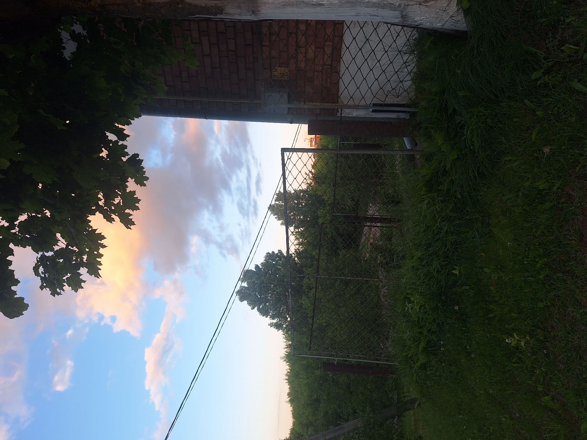 The image depicts an outdoor scene, likely in the vicinity of Капыльскі сельскі Савет, Belarus, at dusk. In the foreground, overgrown grass and vegetation are visible. A chain-link fence runs horizontally across the mid-ground, with a metal gate ajar. Beyond the fence, a dense line of trees and foliage forms a backdrop.
In the upper portion of the image, a tree with dark green leaves overhangs the scene. The sky above displays a mix of blue hues with scattered clouds tinged with orange and pink, suggesting the setting sun. To the right, a brick building with a weathered, light-colored vertical structure attached to its side is partially visible. Electrical wires are strung across the upper left quadrant of the frame. The overall impression is one of a rural or semi-rural setting experiencing the transition from day to night. No people are present in the image.