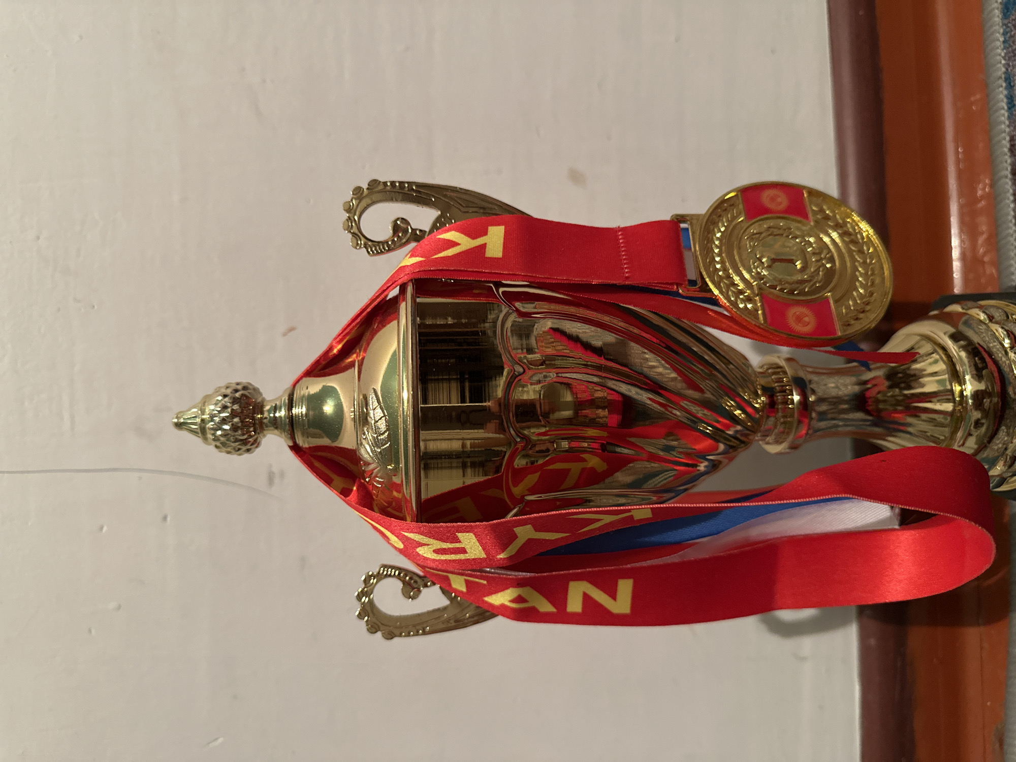 The image shows a close-up of a golden trophy adorned with red and blue ribbons, and a gold medal. The trophy is ornate, with decorative handles and a finial at the top. The medal, which hangs from one of the ribbons, is oval-shaped with a decorative border and features a central emblem. The ribbon of the medal is red with the letters "KYR" visible in yellow. Another red ribbon is draped around the trophy, also featuring yellow lettering that reads "KYR" and "TAN". The background is a textured off-white wall. The lighting suggests indoor illumination. The medal and trophy indicate an award or prize ceremony, likely for a competition or achievement. Given the location context of Багыш, Kyrgyzstan, the medal's design featuring what appears to be the Kyrgyz flag suggests the award is related to an event in Kyrgyzstan.