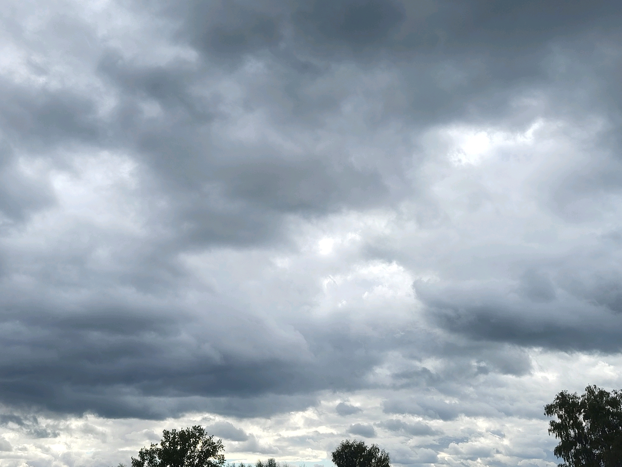 This image depicts an overcast sky filled with a variety of dark, heavy clouds, suggesting an impending storm or heavy rain. Patches of lighter sky are visible through breaks in the cloud cover, with a bright area in the upper central portion of the frame indicating a potentially stronger light source. The bottom of the image shows the tops of trees, some appearing as dark silhouettes against the sky. One prominent tree on the right side has dense, dark foliage. The scene appears to be set in an outdoor environment, possibly a park or a rural area on the outskirts of Ozolnieki, Latvia, given the presence of trees and the general landscape. There are no people or specific man-made structures clearly visible to identify a precise urban setting.