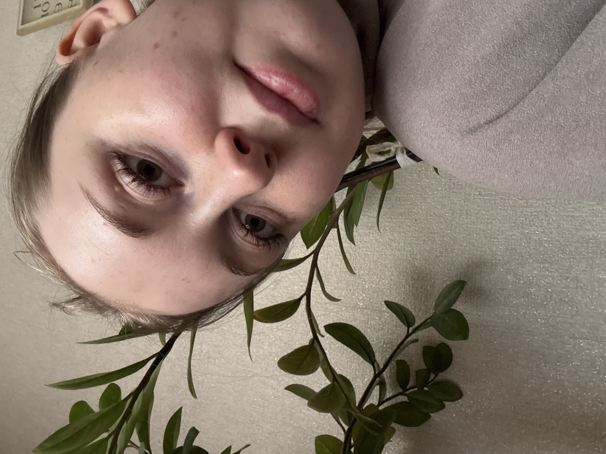 A close-up, angled view of a fair-skinned person with light brown eyes. The individual is angled towards the right side of the frame. There is a sprig of green leaves positioned near the person's face. The background is a textured, neutral wall. A portion of a grey garment is visible on the upper right. The location is Unknown, Unknown.