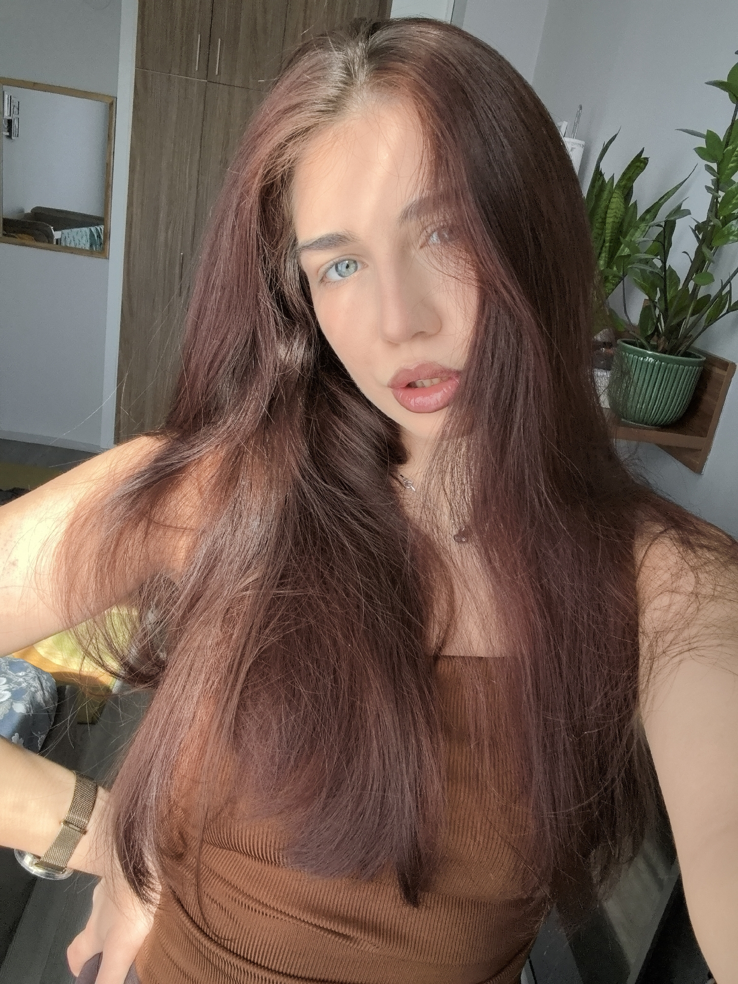 A young woman is depicted in a close-up selfie taken indoors in Stara Zagora, Bulgaria. She has long, straight, dark brown hair with visible auburn highlights, which partially covers her face and shoulders. Her light blue eyes are directed towards the camera, and her lips are slightly parted, adorned with a light pink or nude lipstick. She is wearing a brown, ribbed tank top or camisole. A delicate silver-toned necklace with a small pendant is visible around her neck, and a gold-toned mesh strap watch is worn on her left wrist.
The background reveals a home interior with strong natural lighting, suggesting it is daytime. On the left side, a mirror reflects a portion of a bed or sofa and a light-colored wall, adjacent to a wooden wardrobe or cabinet. On the right, a vibrant green potted plant, possibly a snake plant or ZZ plant, sits on a wooden shelf against a light grey wall. The woman appears to be holding the camera herself, with her arm partially visible on the left side of the frame. There is no visible text in the image.