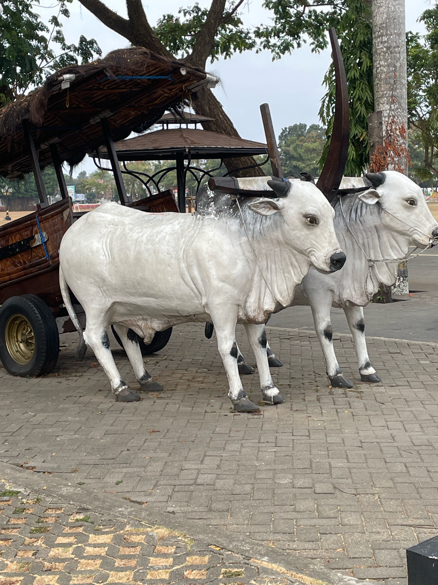 The image shows a stone sculpture of two white oxen in front of a traditional cart with a thatched roof. The oxen are positioned side-by-side, with the one on the left slightly in front of the one on the right. They both have black horns, black markings on their legs, and are tethered together with ropes. The cart is wooden with a woven roof and appears to be a decorative exhibit. The scene is set on a paved walkway made of interlocking stones, with trees and other vegetation in the background. Based on similar exhibits found in the region, this scene is likely located in the city of Purworejo, Indonesia, possibly in a public space or park showcasing local culture and heritage. There are no people visible in the image. The sky is overcast.