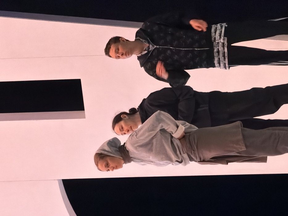 The image depicts three individuals on a theatrical stage at the Théâtre des Bouffes du Nord in Paris, France. The background features a minimalist stage set comprising large, white geometric panels illuminated by a uniform, soft pinkish-red light. Dark, vertical rectangular negative spaces are visible between the panels.
From left to right:
1. A light-skinned female, positioned in profile facing left, wears a light grey hooded sweatshirt with the hood covering her head and a greyish-brown wrap-around skirt or apron over darker trousers. Her hands rest on her hips.
2. A light-skinned female with dark hair tied back, wearing a dark grey or black hooded sweatshirt. She stands slightly behind and to the right of the first individual, looking downwards and to her right.
3. A light-skinned male, wearing a dark zippered hoodie with a subtle dark pattern over a lighter patterned shirt, and dark athletic trousers with white stripes on the side. He faces forward and slightly upward, with his right hand raised in a gesture or motion.
The scene portrays a staged performance or rehearsal with a stark, contemporary aesthetic.