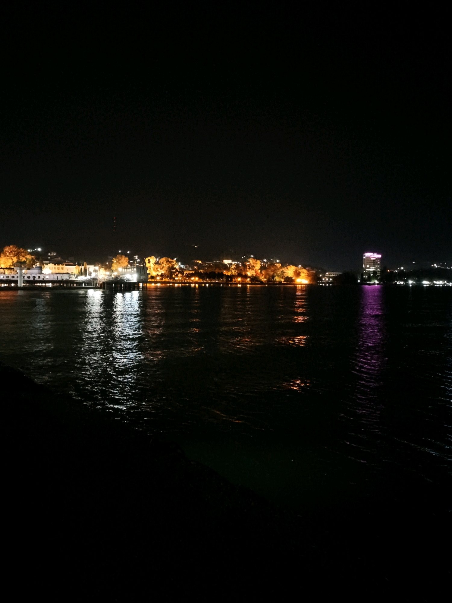 A nighttime photograph captures a waterfront scene in Sokhumi, Abkhazia. The dark sky is above a body of water, likely a sea or large lake, that reflects the lights of a city skyline. The city lights are a mix of warm oranges and yellows from illuminated buildings and trees, with a prominent tall building on the right side of the frame glowing with purple light. The water's surface is rippled, creating distorted reflections of the lights. The foreground is dominated by a dark, shadowy area, possibly a dock or embankment, with some of the water's surface also appearing dark and shadowed. No people are visible in the frame.