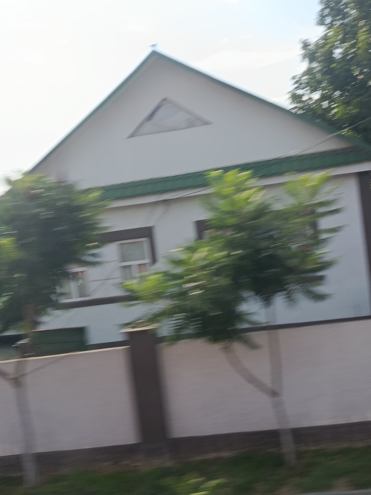 This is a slightly blurred, angled, full-shot, outdoor, daytime photograph of a white house with a green roof and a triangular window in the upper gable. The house has two windows visible on the lower story. There are trees in front of the house, obscuring parts of it. A white wall with some brown posts runs across the lower part of the image, suggesting it is a fence or boundary. The setting appears to be a residential area in the city of Chirsova, Moldova.