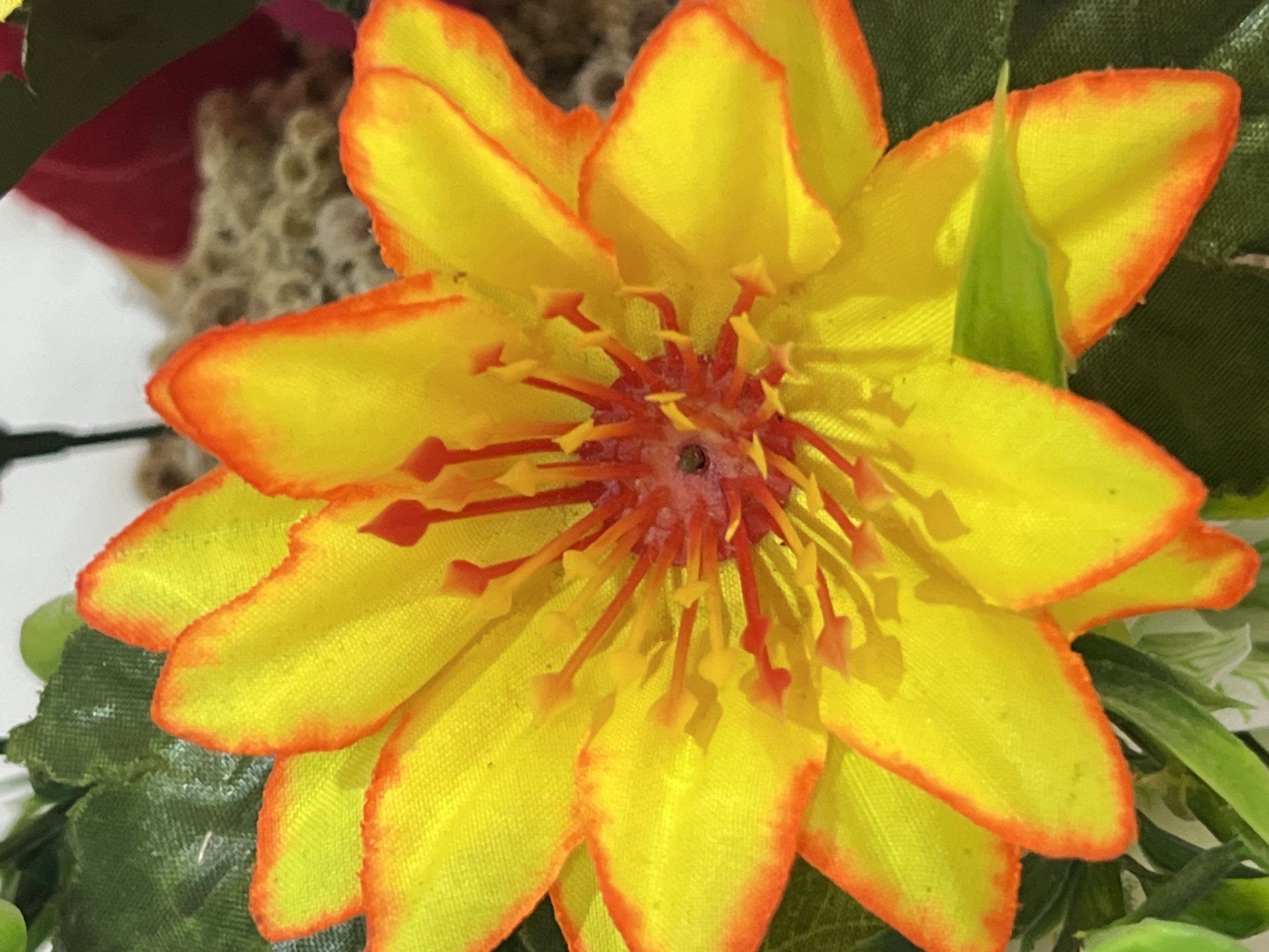 A close-up, eye-level, full shot shows a bright yellow artificial flower with an orange-red trim around its petals. The flower has a central stamen structure composed of red filaments topped with yellow anthers. Green leaves, possibly part of the same artificial arrangement, are visible in the background and partially obscure the flower. The lighting is bright, casting soft shadows on the petals, indicating it is likely outdoors or in a well-lit indoor space. The background is blurred, suggesting a shallow depth of field, with hints of other floral elements and a textured, light brown surface. The specific location in Denpasar, Indonesia, is not determinable from the image.
