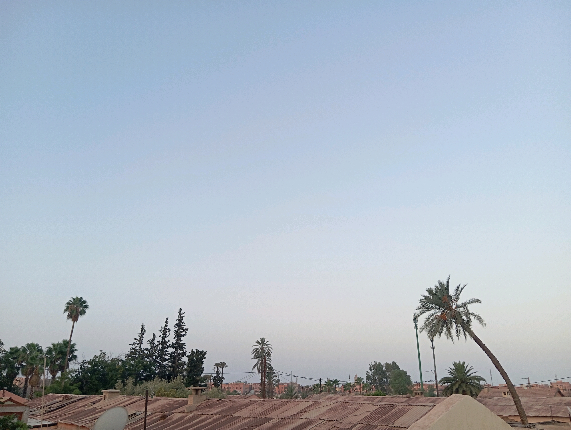 This is a horizontal, eye-level, full shot of an urban skyline in Marrakesh, Morocco, during twilight. The sky is a pale blue, transitioning to white at the horizon, with no discernable clouds. In the foreground, the rusty, corrugated metal roofs of several low-rise buildings dominate the lower portion of the frame. Two chimneys and a satellite dish are visible on the rooftops.
Scattered across the middle ground and background are various palm trees and evergreen trees. One prominent palm tree on the right leans at a sharp angle towards the viewer. In the far background, a cluster of buildings with terracotta roofs and pinkish facades can be seen, suggesting the characteristic architecture of Marrakesh. Electrical wires crisscross the mid-ground. No people are visible in the scene. The overall impression is one of a quiet, residential area at the end of the day.