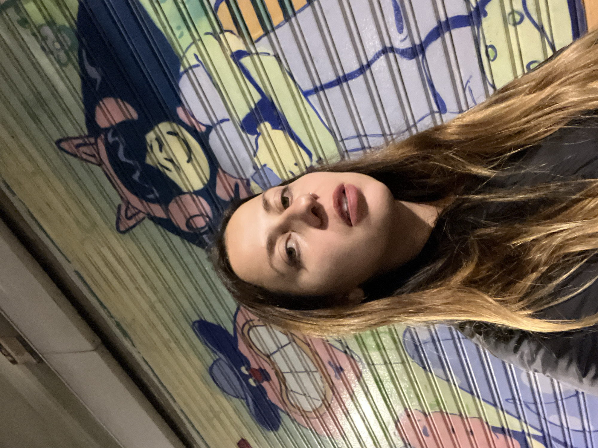 The image is a selfie of a woman in front of a metal rolling shutter. The shutter features a painted mural of cartoon characters, reminiscent of SpongeBob SquarePants. The woman has light brown hair and is wearing a dark-colored garment. The location is likely Barcelona, Spain, based on the style of the artwork and the shutters.