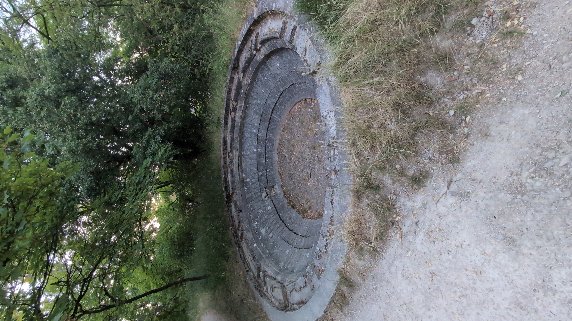 The image shows a circular, tiered concrete structure in a wooded area. The structure is approximately circular with multiple concentric levels descending towards a central floor covered in gravel and dirt. The outer edge of the structure is a concrete rim with some chipped and broken sections. The tiers are constructed from grey bricks that show signs of wear and weathering. Surrounding the structure is dry grass and vegetation, with trees visible in the background. A gravel path leads away from the structure to the left. The lighting suggests it is either early morning or late afternoon. The scene appears to be an outdoor public space, possibly a historical or recreational site. There are no people or animals visible in the image.