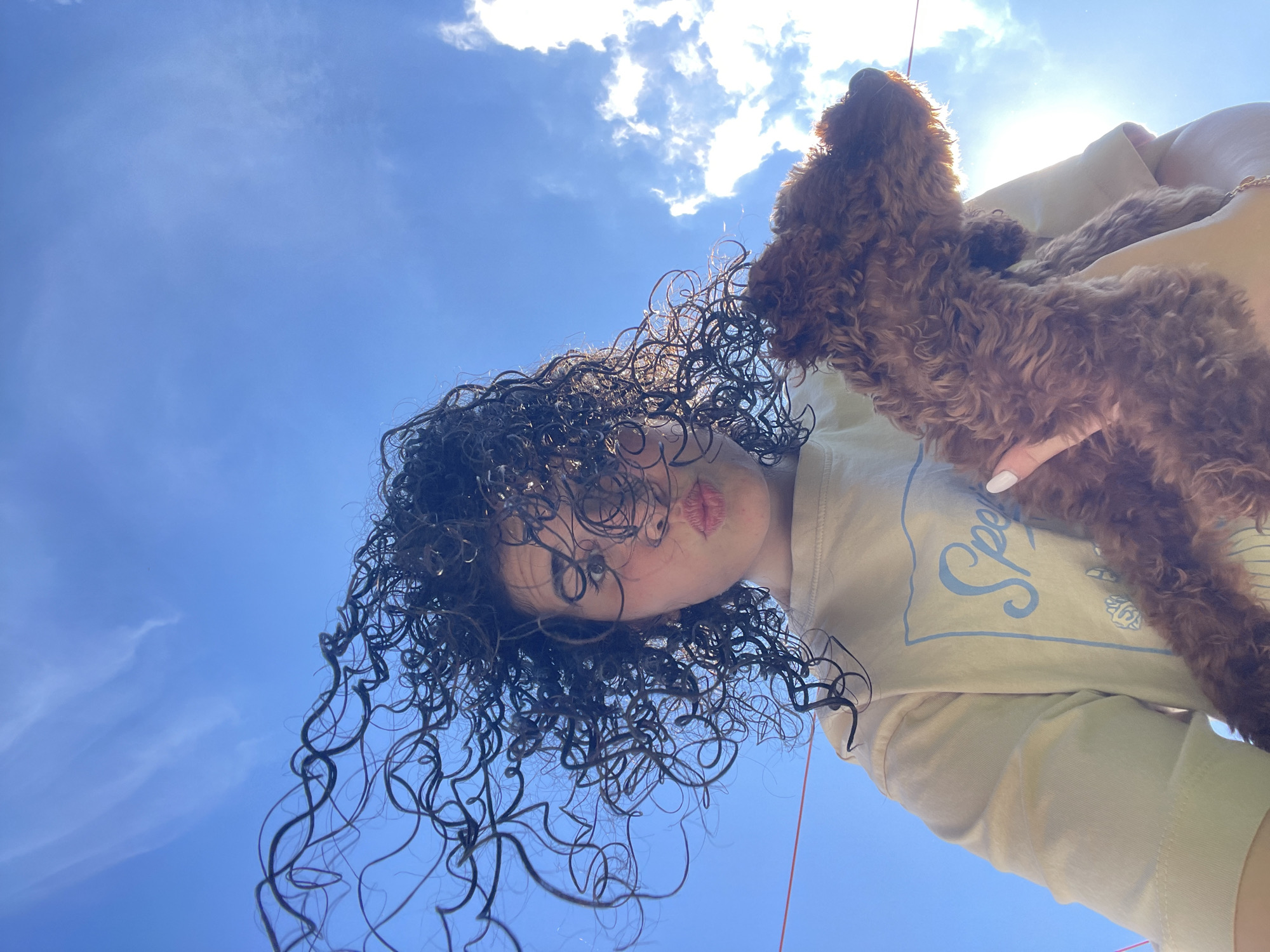 A low-angle, close-up shot depicts a person holding a brown dog in front of a bright blue sky with scattered clouds and sunlight. The person, with curly dark hair partially obscuring their face, appears to be wearing a beige t-shirt with a blue design. A small portion of their hand with a white-painted nail is visible. The dog is held close to the person, with its head slightly tilted upwards.
No information indicates the city is Sofia, Bulgaria.