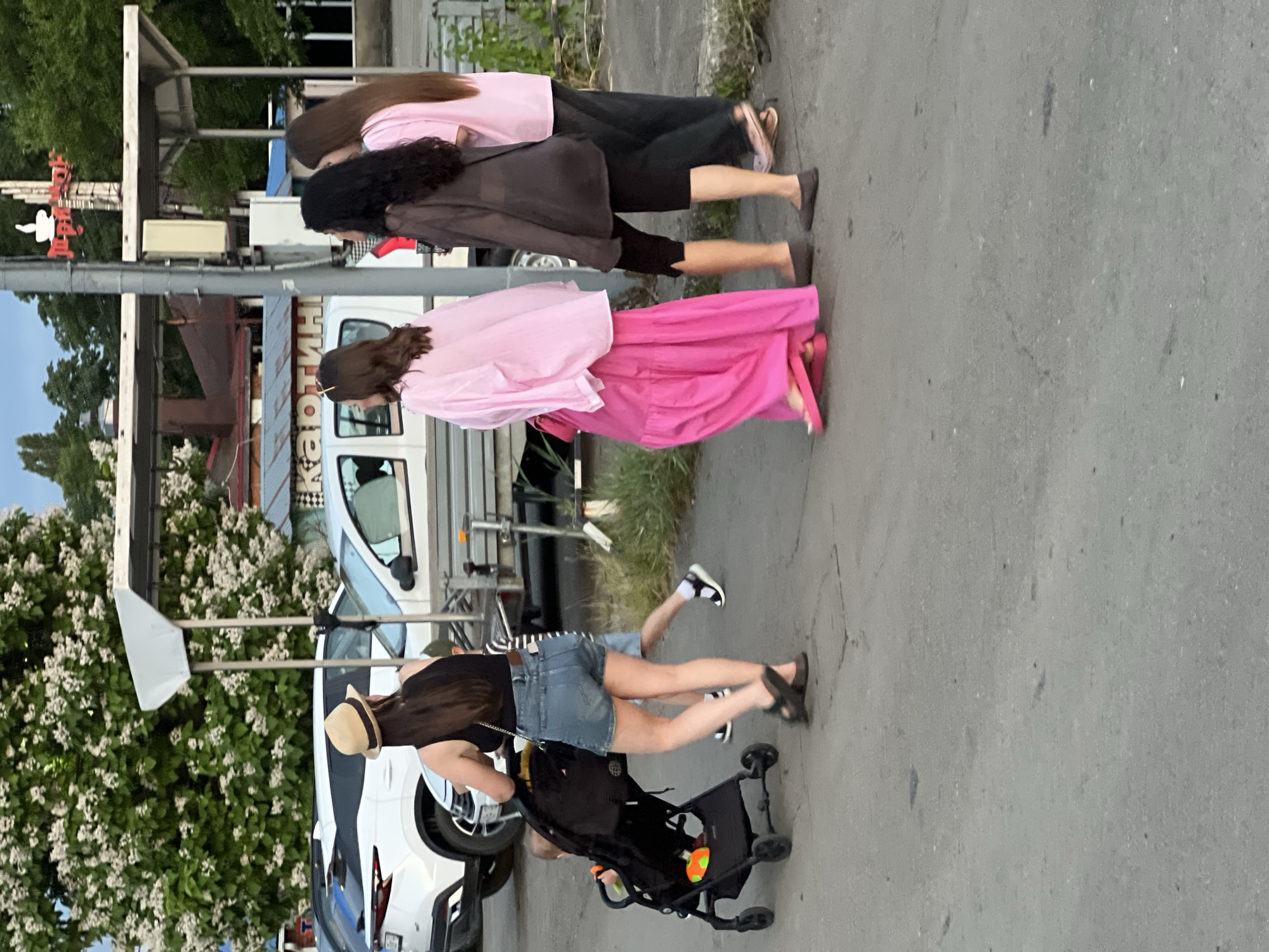 This image shows a street scene in Krasnodar, Russia, with several people walking. In the foreground, a woman wearing a black tank top, denim shorts, and a straw hat is pushing a stroller. Behind her, another person in a pink top and a long pink skirt walks along with them. Further back, two more individuals are walking, one in a black top and dark pants, and another in a pink top and dark pants.
The scene appears to be outdoors, with a paved surface that looks like a sidewalk or road. There are some trees and foliage visible on the left side of the image, as well as buildings and a white van in the background. A sign with red lettering, possibly advertising a business, is also visible on a building.
The lighting suggests it might be late afternoon or early evening. The weather appears to be mild, as people are dressed in light clothing. The overall mood seems casual, with individuals going about their day. The image is oriented vertically, and the subjects are moving from the bottom of the frame towards the top.