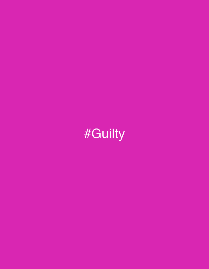 The image displays a vibrant, solid magenta background. Centered on this monochromatic field is the white text "#Guilty", rendered in a clean, sans-serif font. No other objects, people, or discernible scenes are present in the image. There are no visual cues regarding time of day, weather, or a specific physical location. The text "#Guilty" is the sole communicative element, suggesting a theme or sentiment related to guilt, often used in a social media context as a hashtag. The image evokes a simple, direct message against a striking, uniform color.