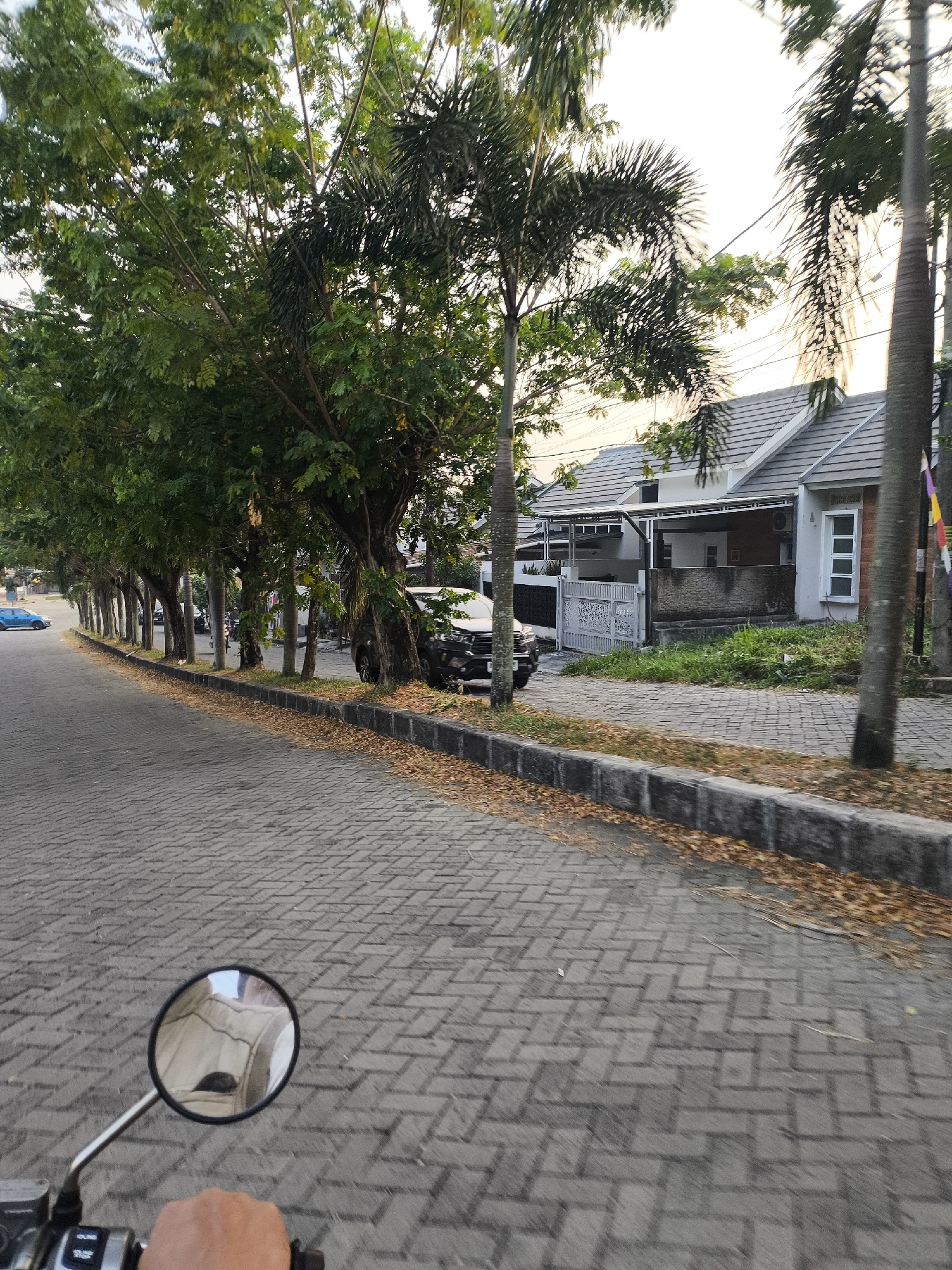 The image depicts a street scene in Cilegon, Indonesia, on a clear day. The foreground shows a person's hand on the handlebars of a motorcycle, with a rearview mirror reflecting a person wearing a tan jacket. The street itself is paved with interlocking gray bricks laid in a herringbone pattern. Along the right side of the street is a gray concrete curb with fallen brown leaves scattered on it. Behind the curb, there is a grassy area and houses with gray tiled roofs. One house features a white modern gate and an air conditioning unit visible on its exterior wall. Trees with green foliage line the left side of the street, casting shadows on the road. In the background, a dark-colored SUV is parked near a tree, and a blue car is visible further down the street. The sky is bright and appears to be late afternoon or early evening.