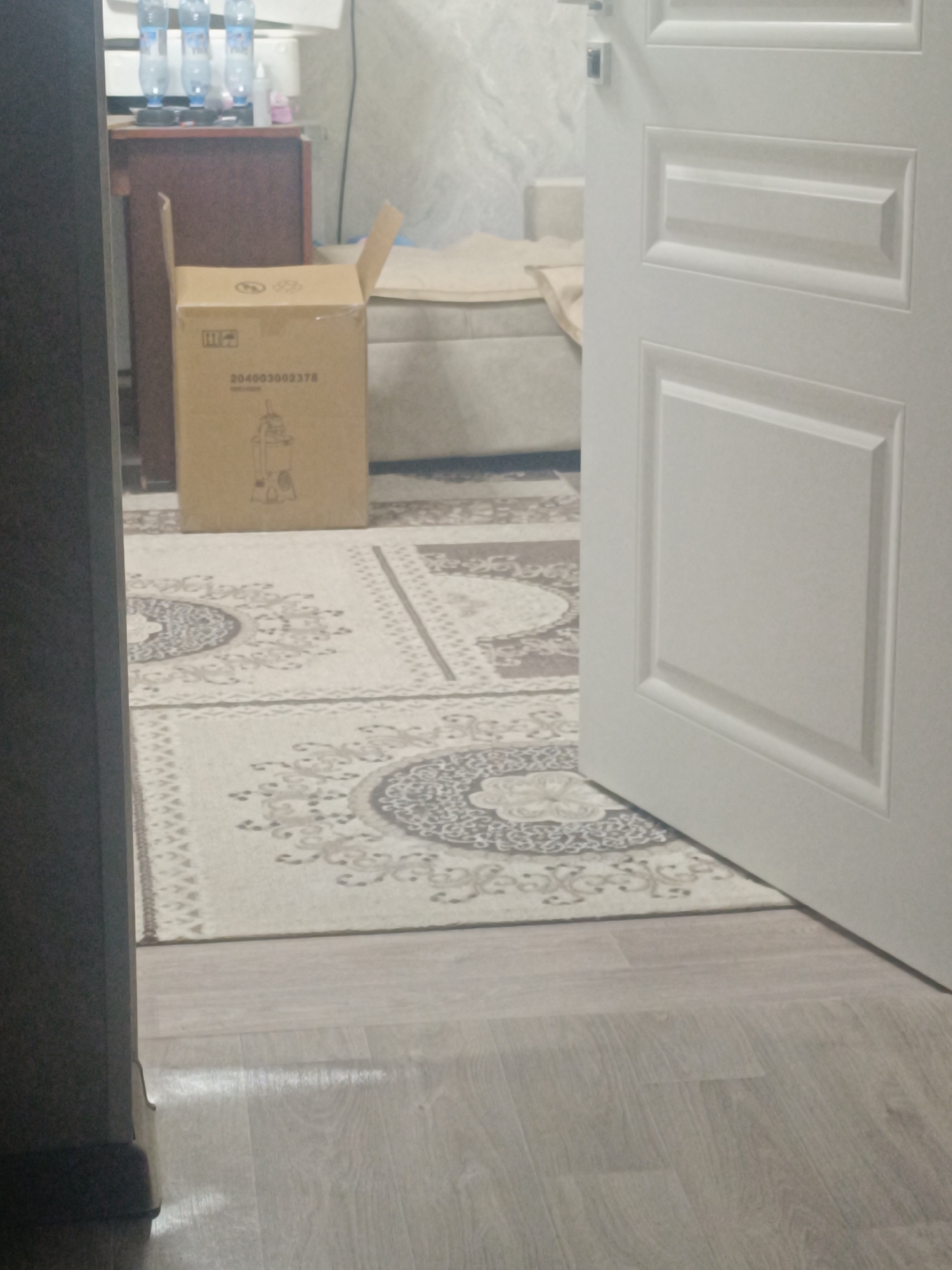 The image depicts an indoor scene, likely a room in a home or office, with a partially opened white door in the foreground. The door, with its paneling, is the most prominent object in the right half of the frame. To the left of the door, a plush carpet with intricate patterns in shades of beige and gray covers the floor.
Behind the carpet, a brown cardboard box is visible, showing a printed image of a vacuum cleaner and the text "204903002378". Next to the box, a dark brown piece of furniture, possibly a cabinet or dresser, holds several plastic bottles of water on top. Further in the background, a light-colored sofa or bed is partially covered with a beige cloth, suggesting the area might be in a state of transition or organization. The flooring in front of the carpet appears to be light-colored laminate or wood.
The lighting suggests it could be daytime, as there is no indication of artificial light being the primary source. The overall scene feels quiet and domestic, with no people visible. The presence of the unopened box and the partially open door might imply someone has recently arrived or is preparing to leave. The setting appears functional and lived-in, with everyday items arranged in the space.