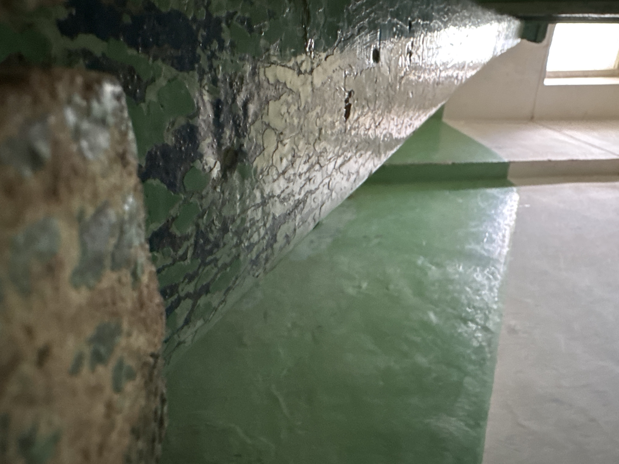 The image depicts an interior corner of a building, possibly in Vereshchagino, Russia. The location is inferred. The left side features a cylindrical structural element with peeling, multi-layered paint in brown, green and white. Adjacent to this, a receding surface covered with a glossy, pale green paint leads toward a set of stairs. The steps alternate between the same pale green paint and a neutral off-white or light gray. A window with a white frame is visible in the background. The paint on the wall and structural element shows signs of age and deterioration. The image is taken at a low angle, emphasizing the texture and depth of the scene.