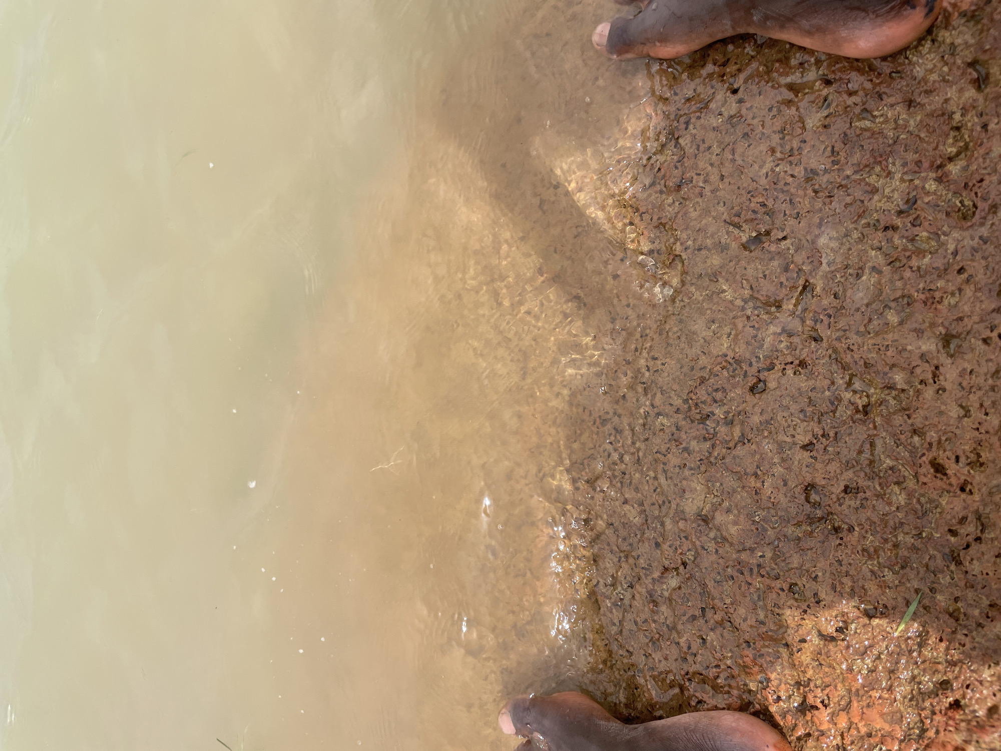 The photograph shows a body of water meeting a muddy, rocky shoreline in Jos, Nigeria. The water is opaque and light brown. Two dark-skinned feet are visible at the top and bottom edges of the image, implying someone standing at the edge of the water. The soil/shoreline is textured with small rocks and mud, partly submerged in the water.