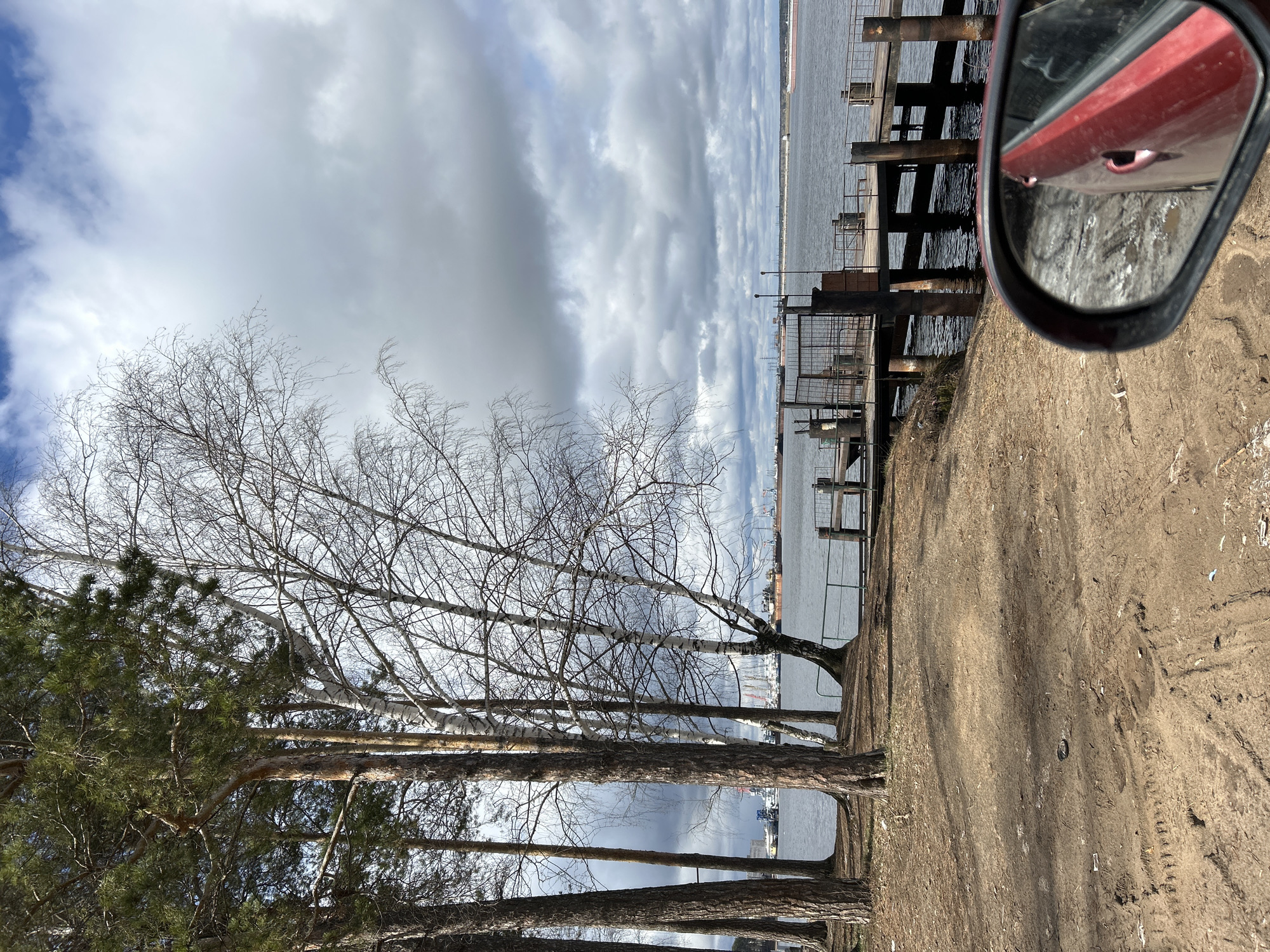 The image presents a waterside scene in Chaikovsky, Russia. In the foreground are trees with bare branches and pine needles, lined along a dirt path. Beside the path, a pier extends into the water, featuring metal railings and wooden support structures. The water is calm, reflecting the cloudy sky. In the upper right corner, a car's side mirror provides a partial reflection of the red car door. The weather appears overcast. No people are visible.