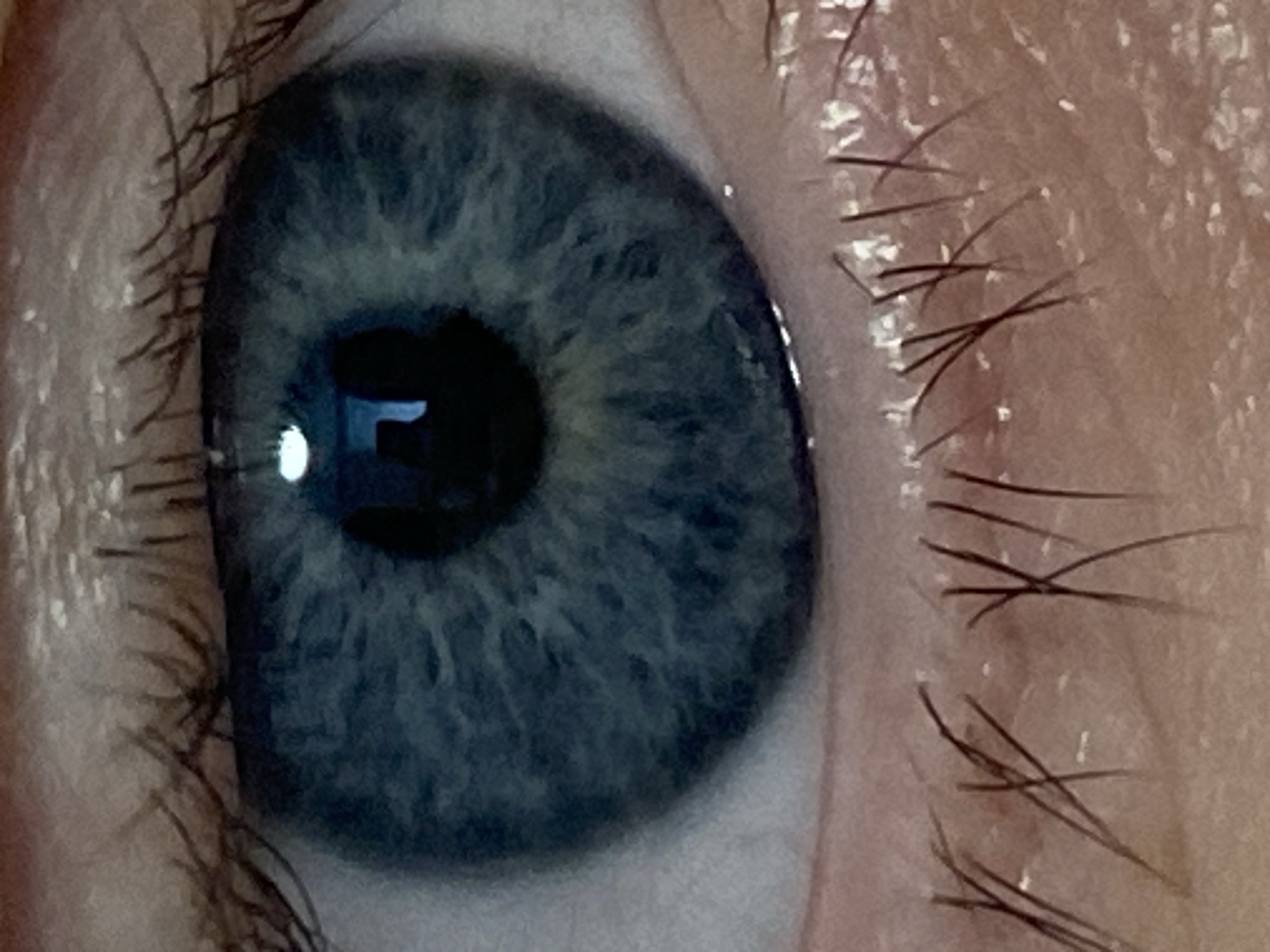 A close-up view of a human eye is presented. The iris appears to be a shade of blue with intricate textures and patterns. A reflection of light is visible on the surface of the eye. The eyelashes are short and sparse. No information within the image indicates a location in Sochi, Russia.