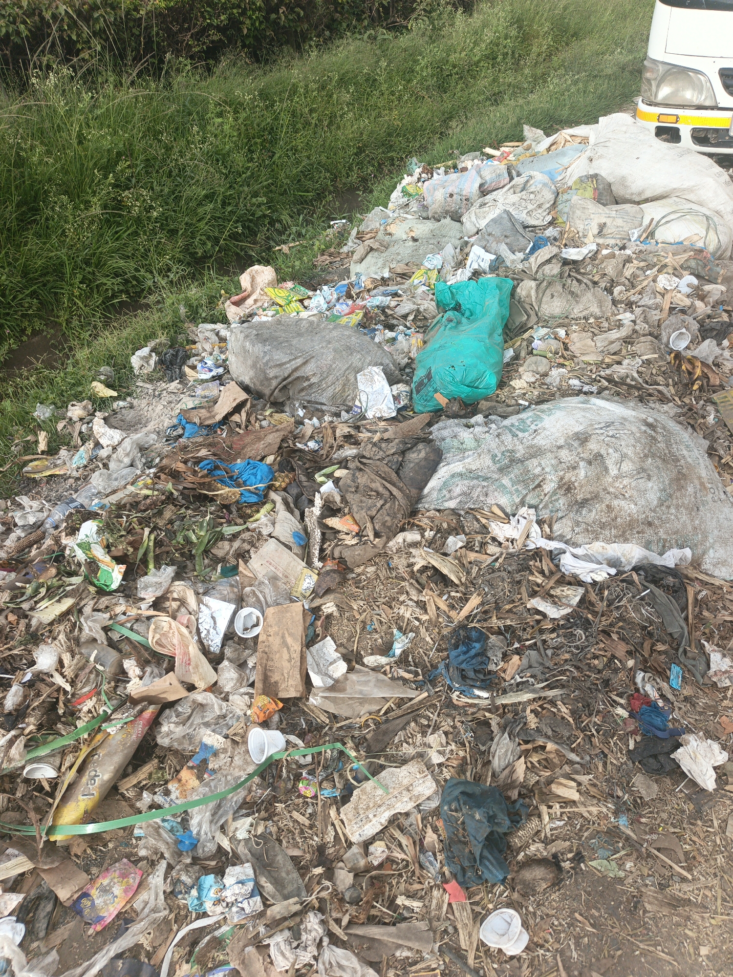 The image depicts a large pile of mixed waste located in Nairobi, Kenya, next to a road. The waste includes plastic bags, bottles, paper, organic waste, and textiles. There are also several large sacks filled with garbage. The pile of garbage is situated next to a grassy area and part of a white vehicle is visible in the background. The scene suggests an illegal dumping site.