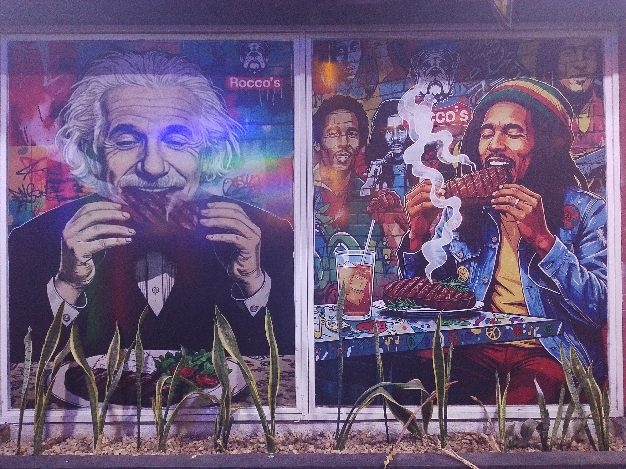 The image shows a street-level view of a building in Tinaquillo, Venezuela. Two adjacent window displays depict large, vibrant murals. The left window features Albert Einstein in a black suit, consuming a large piece of meat. Graffiti is visible in the background. The right window features Bob Marley in a blue denim jacket and red pants, also eating a steak, with steam rising from it. Other depictions of Marley are in the background. A table with a colorful pattern is visible in front of him. A drink in a tall glass with ice cubes is also shown. Below the windows, a shallow planter box contains gravel and snake plants.
