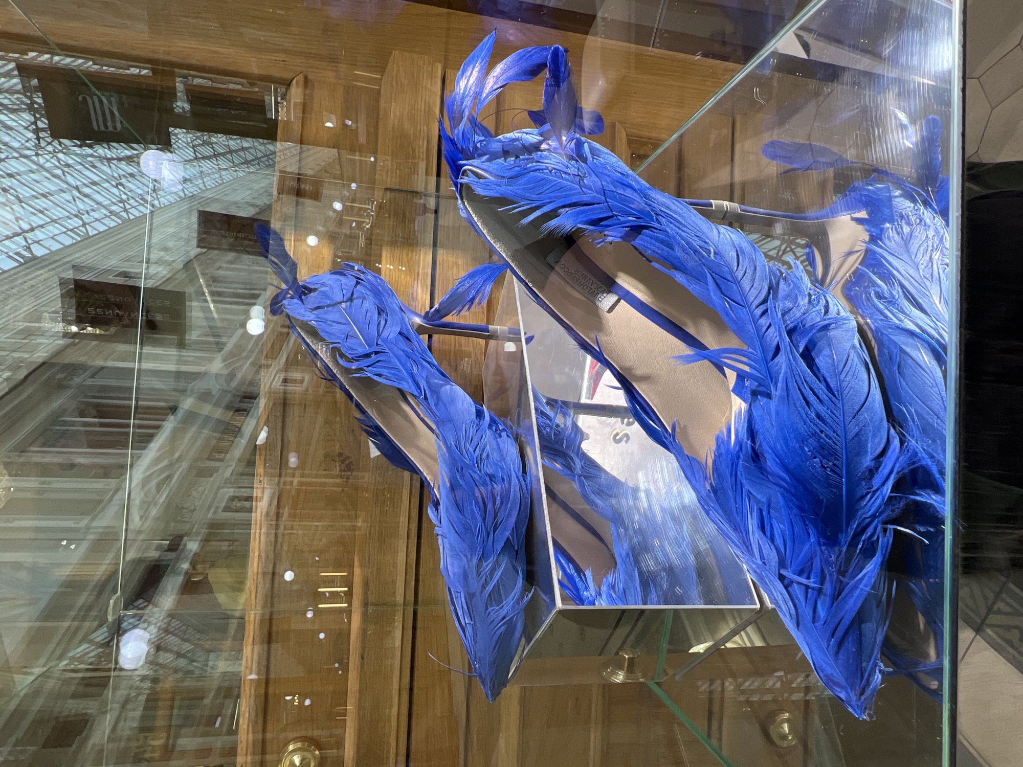 The photograph depicts a pair of blue feather-adorned ballet flats displayed inside a glass case. The shoes appear to be on exhibit, possibly in a store or museum. The glass case reflects the architecture of the surrounding building, including the roof with multiple windows, suggesting the photograph was taken indoors. The reflection also reveals other elements of the building's interior. Based on the architectural style and potential presence of luxury goods, one can infer that the location is likely in a commercial or cultural area in Saint Petersburg, Russia.