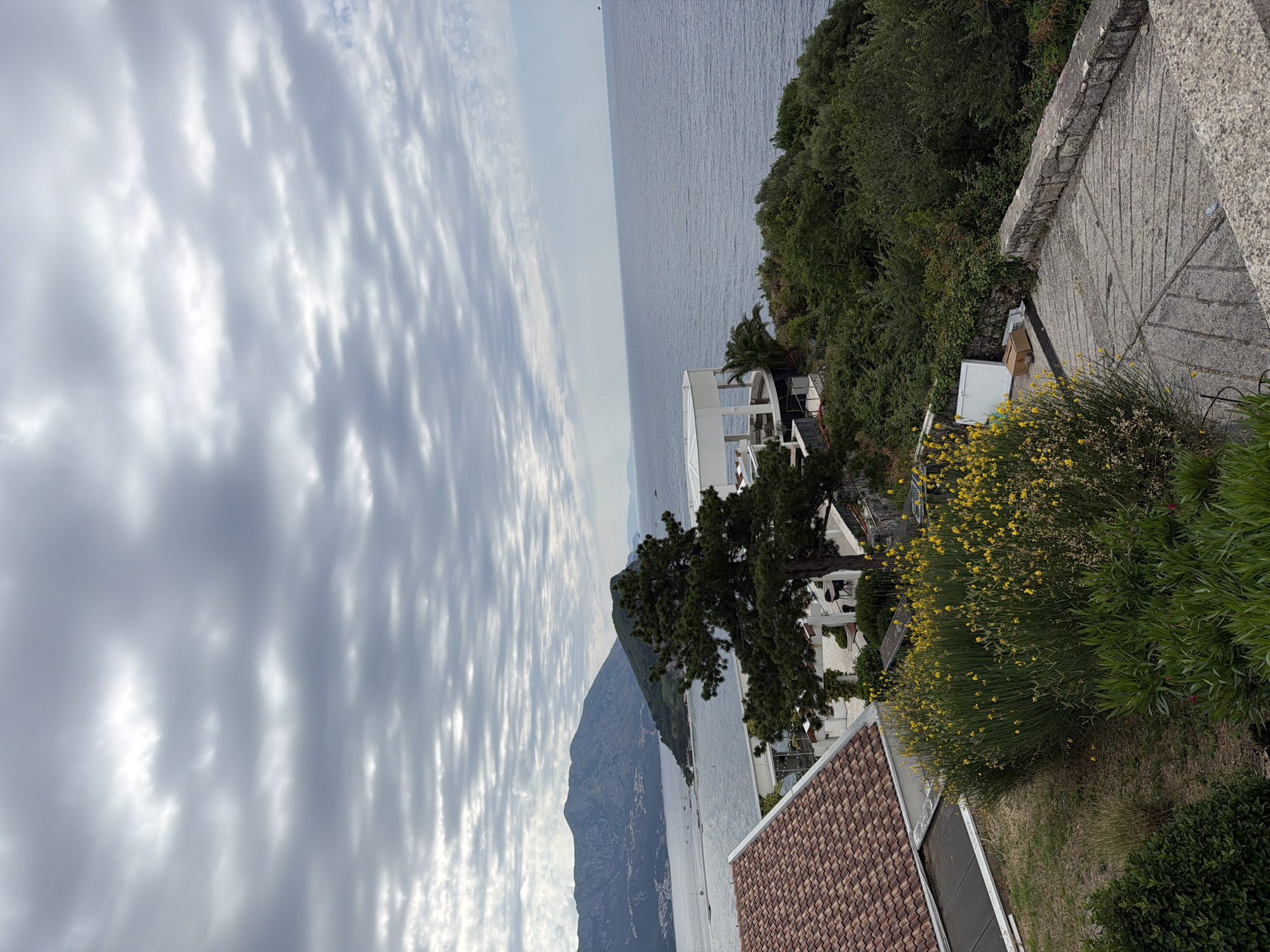 This landscape image depicts a scenic coastal view in Budva, Montenegro, captured from an elevated perspective. The scene is dominated by the expansive sea, a distant mountainous coastline, and lush vegetation surrounding modern buildings.
The upper portion of the frame features a partly cloudy sky, filled with numerous distinct white and grey stratocumulus clouds that form interesting patterns, allowing glimpses of brighter sky to peek through. Below the sky, the vast, calm surface of the sea stretches towards the horizon, appearing a serene blue-grey and subtly reflecting the overcast light.
In the distance, a large, dark mountain range emerges from the sea, forming a dramatic and rugged backdrop to the coastal vista. Closer to the foreground, the land is covered in abundant green foliage, including dense trees and various bushes. Several modern white buildings, possibly hotels or residential villas, are nestled into the hillside along the coast, many featuring terraces that offer views of the water. A building with a reddish-brown tiled roof is partially visible in the immediate foreground on the right. Adjacent to it, vibrant yellow flowering bushes add a lively splash of color amidst the greenery. A concrete or stone-paved path or walkway is also visible in the upper right corner, running along the edge of the elevated viewpoint.
The lighting suggests it is daytime, likely late morning or early afternoon, with diffused light from the cloudy sky. The weather appears calm, with no indications of wind or rain. No human figures or discernible activities are present in the image, contributing to a peaceful and serene ambiance. There is no visible text.