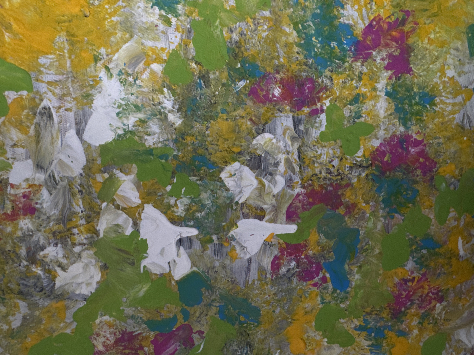 This is an abstract painting with thick, textured brushstrokes. The dominant colors are yellow, green, white, and pink, with some blues and grays. The application of paint is varied, with some areas showing smooth, blended colors and others exhibiting distinct, impasto textures. The overall impression is one of vibrant, organic forms, possibly evoking a garden or natural landscape. There is no identifiable location or subject matter that could be tied to the city of Domodedovo, Russia.
