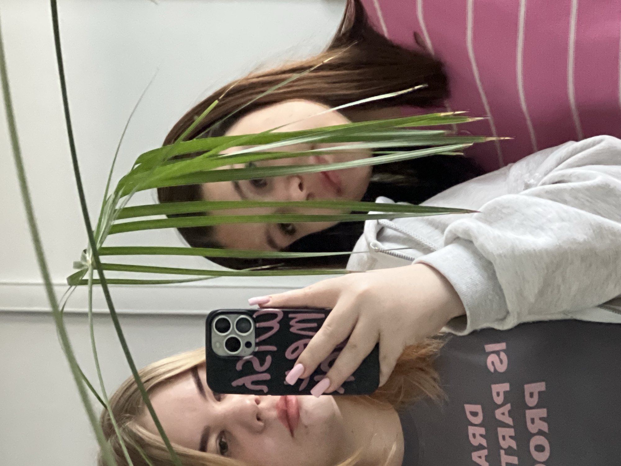 A person is taking a selfie in a mirror. The mirror reflects the person, who is wearing a gray sweatshirt and a dark T-shirt with pink text. The phone case is black with pink text as well. A plant with long, thin green leaves is partially obstructing the view of the reflection. The background includes a pink and white striped object. The location is potentially Chaikovsky, Russia, but this cannot be confirmed solely from the image.