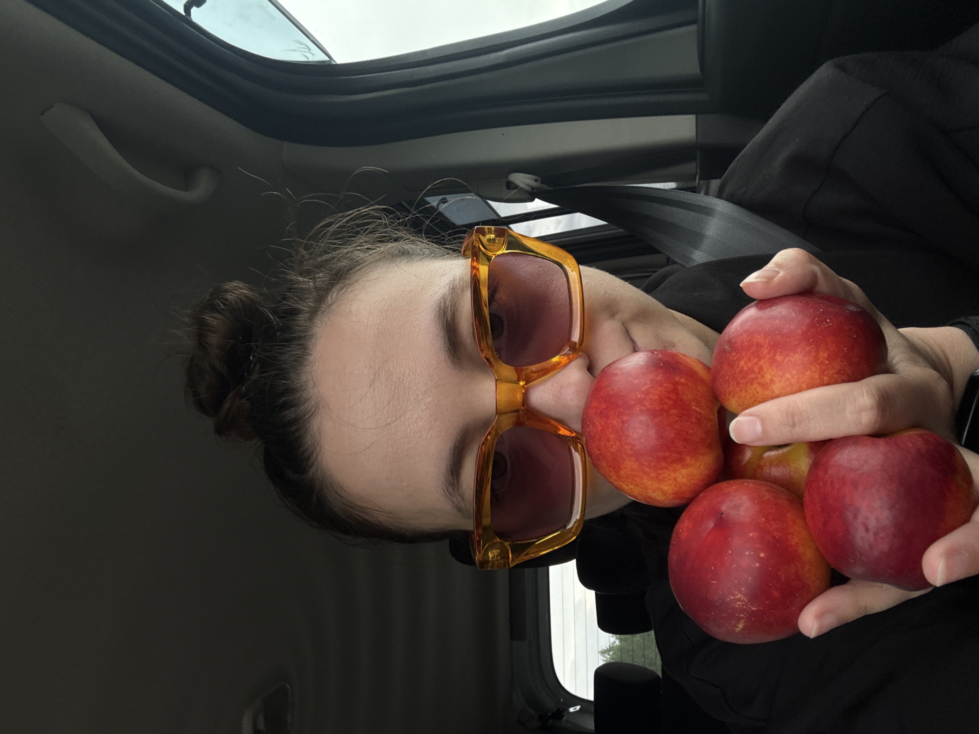 A woman with her hair in a bun, wearing large, amber-colored sunglasses, holds a handful of nectarines in what appears to be the interior of a car. She is wearing a black top and is secured by a seatbelt. The car's interior and a glimpse of an overcast sky visible through the car's windows are also apparent in the background. The location, Нижняя Сунь, Russia, is not discernible from the visual information provided.